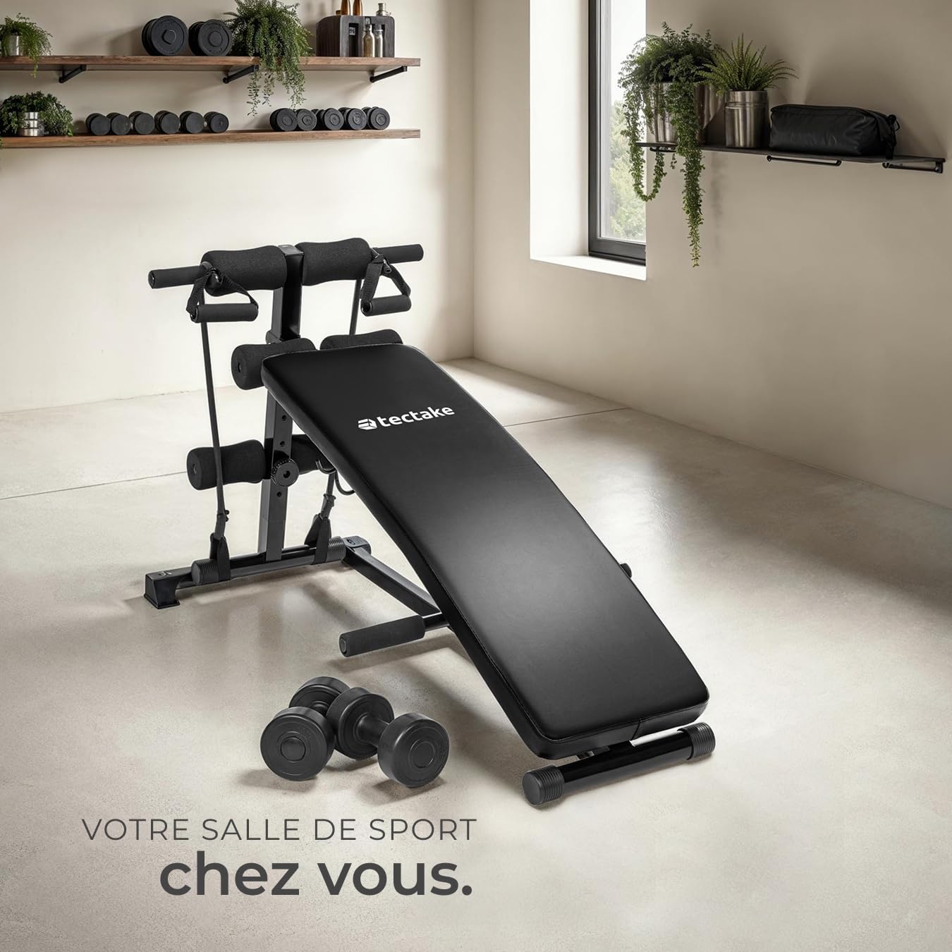tectake® Banc de musculation pour Abdominaux, 6 niveaux de hauteur réglables, 2 haltères et 2 cordes d’entraînement inclus, Banc abdominaux Sport Musculation maison Fitness Muscu Abdos Home gym