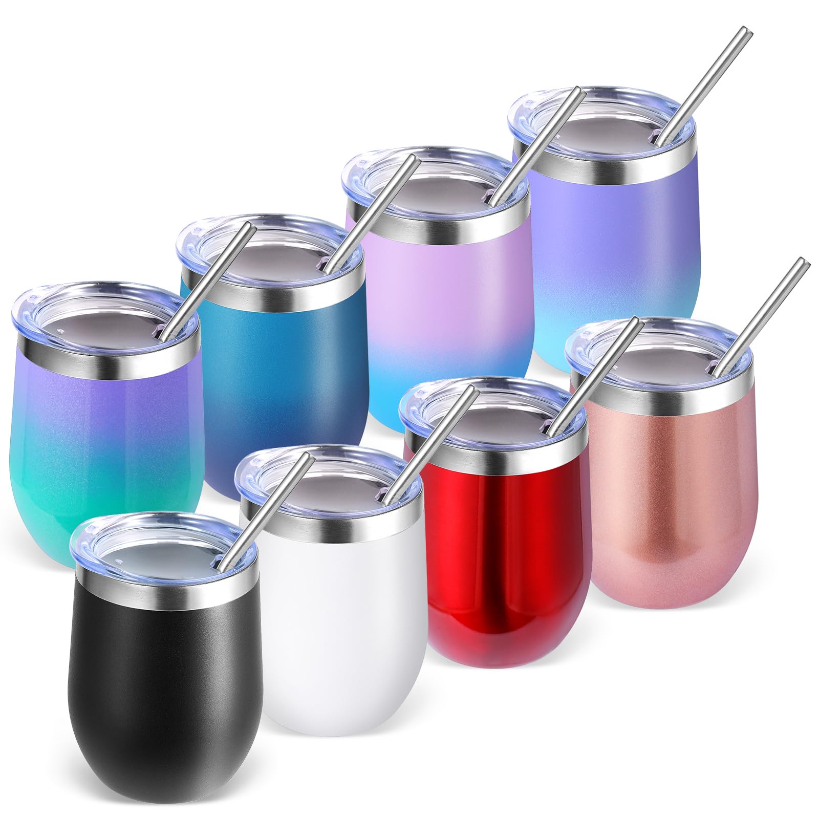 Volhoply 12oz Stainless Steel Wine Tumbler with Lid Bulk 8 Pack,350ml Double Wall Vacuum Stemless Wine Glasses,Metal Travel Coffee Mug with Straw,Insulated Cup Gifts for Christmas(Assorted,8 Set)