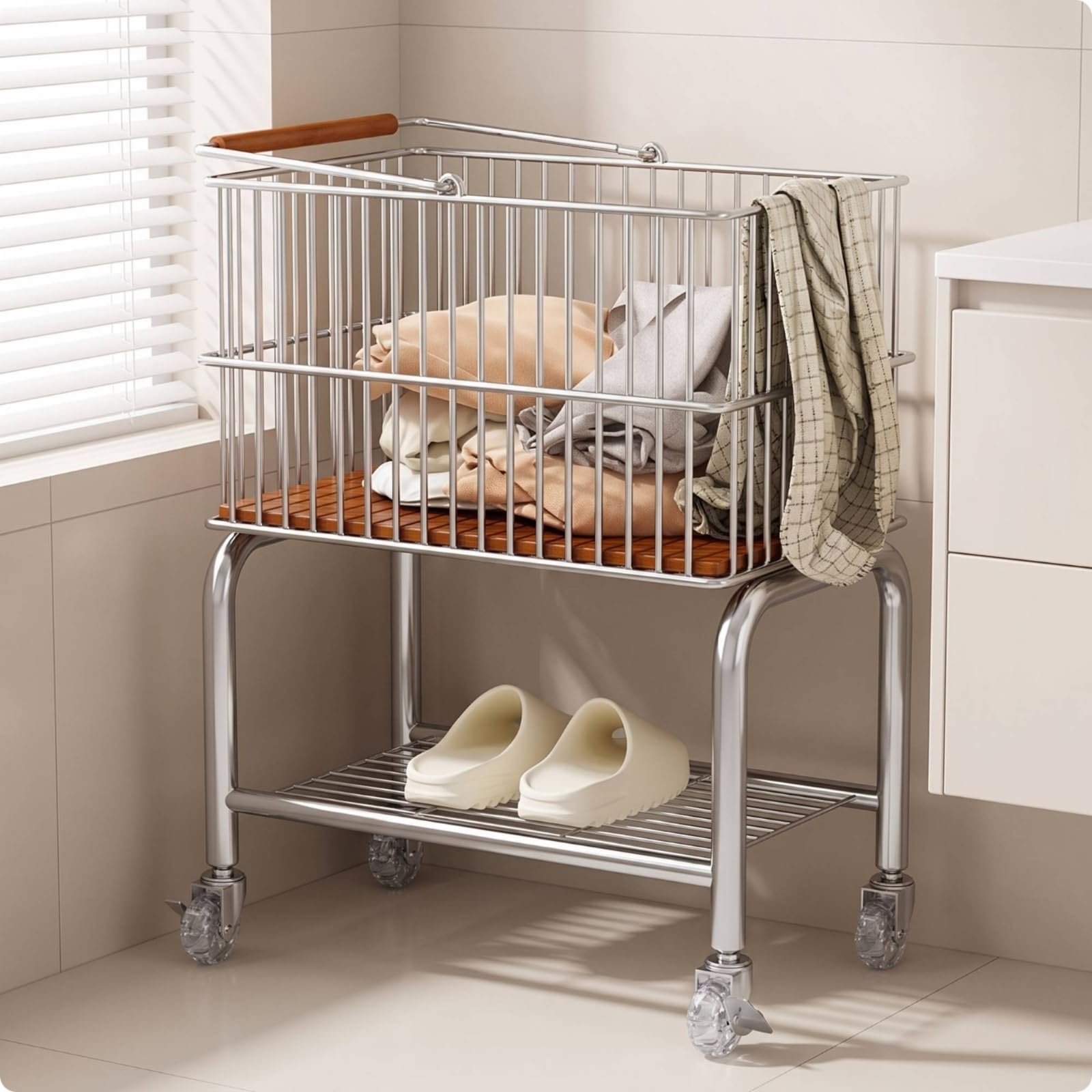 Carrello con Cesto in Metallo Mobile Carrello Organizer con Ruote Multistrato Scaffale Portaoggetti per Bagno, Silver