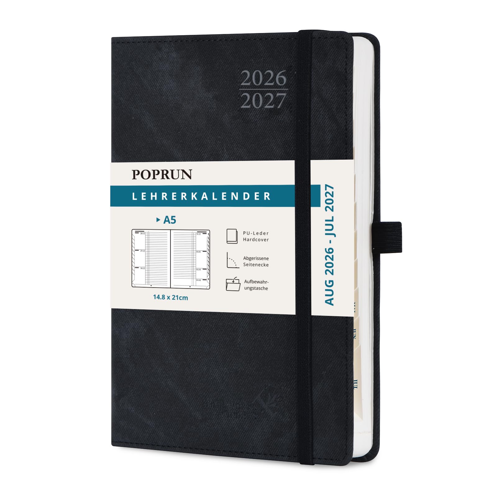 POPRUN Lehrerkalender 2026 2027 A5 auf Deutsch - Lehrerplaner für die Unterrichtsvorbereitung mit Monatliches Register. Schulplaner mit PU-Leder Hardcover