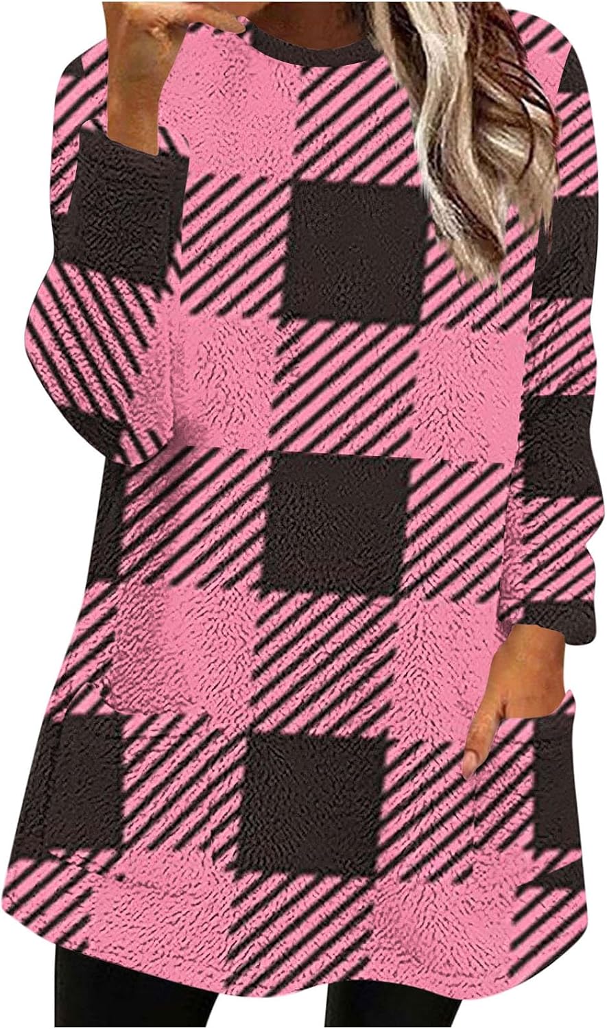 Womens Fleece Plaid Sweatshirt Casual Round Neck Long Tops Color Block Comfy Fall Winter Warm Pullovers with Pockets