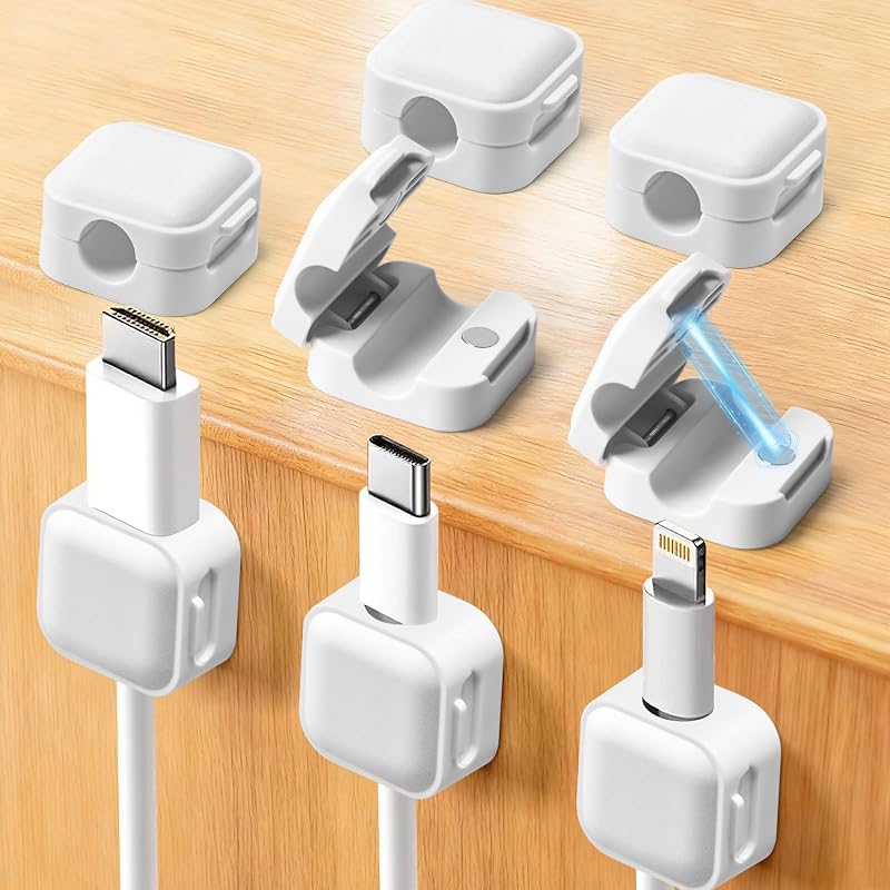 8-Pack Magnetic Cable Clips, Cord Organizer, Office Cable Management | White, Cord Smooth Adjustable, Adhesive Backing, Home, Desk, Nightstand, Car Organization