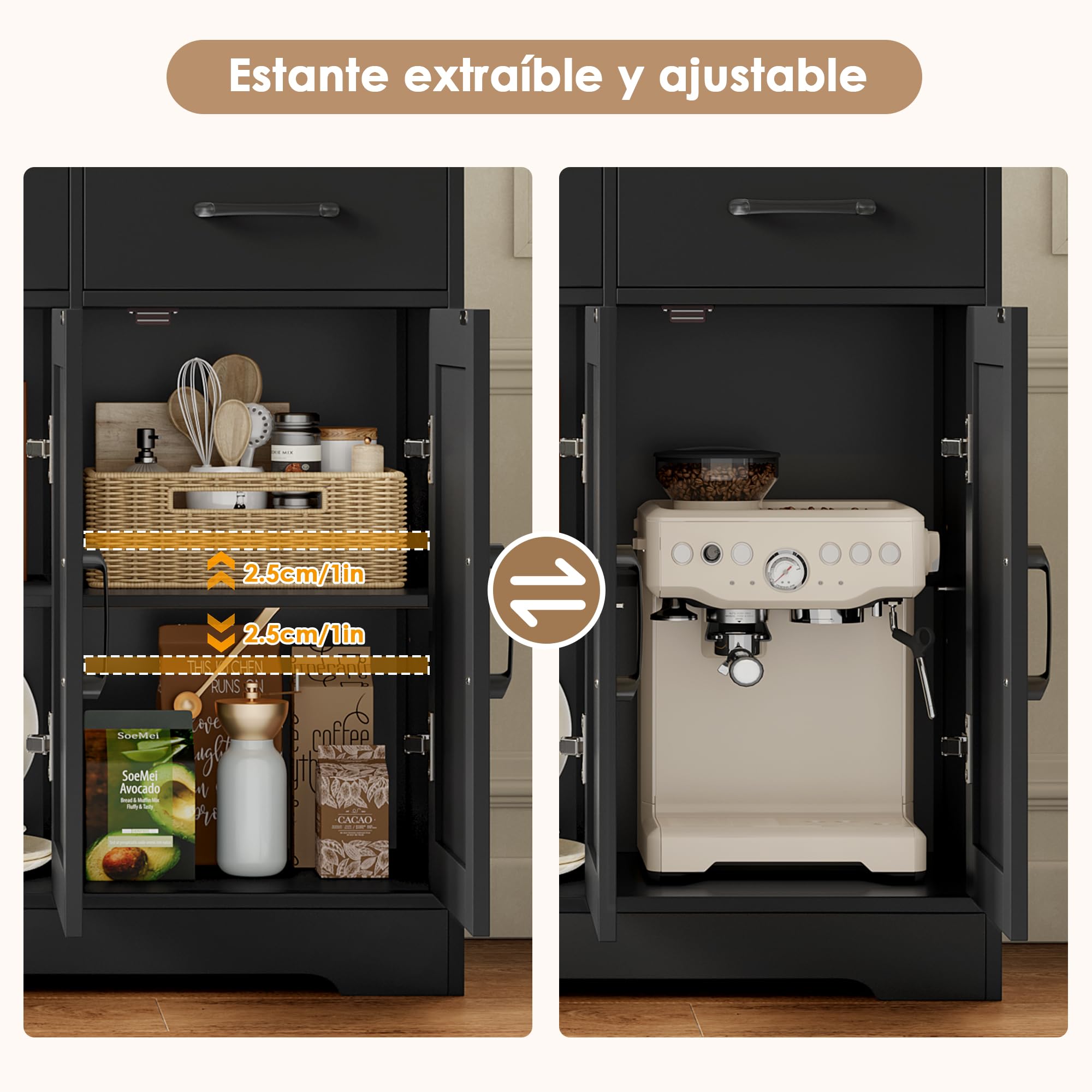 HOCSOK Aparador Cocina, Armario de Cocina con 3 Cajones y 3 Puertas, Armario de Almacenamiento para Salón, Comedor, Estantes Ajustables, Negro y Marrón | Armario buffet de cocina con 3 cajones y 3 puertas, armario de cocina para salón, cocina, comedor
