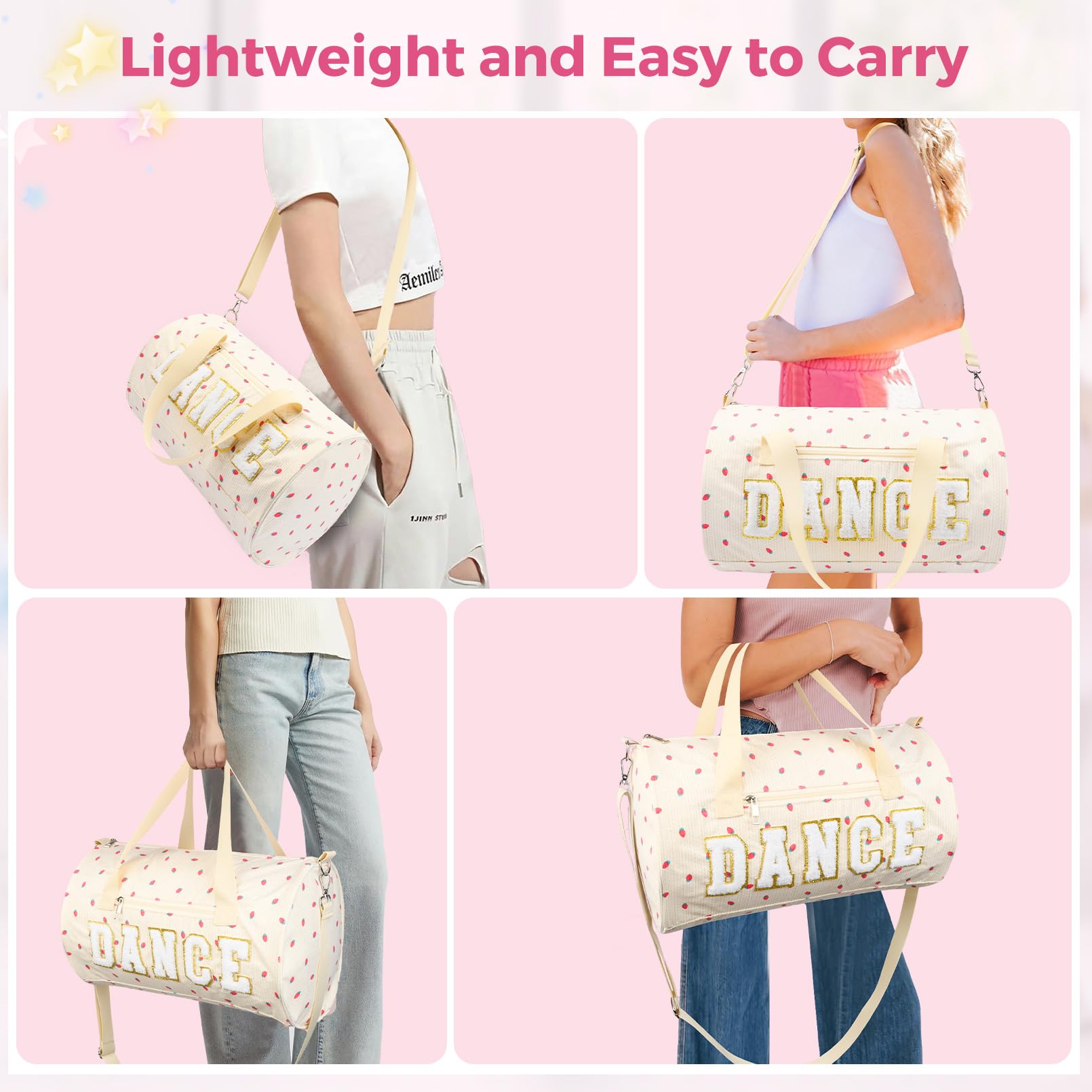Tanztasche für Mädchen, klein, Turnbeutel für Damen, Seesack, Wochenendtasche, 23 l Kapazität, Workout, Chenille, Brieftasche für Tänzer, Mädchen, Teenager, Studenten und Sportler, Erdbeere