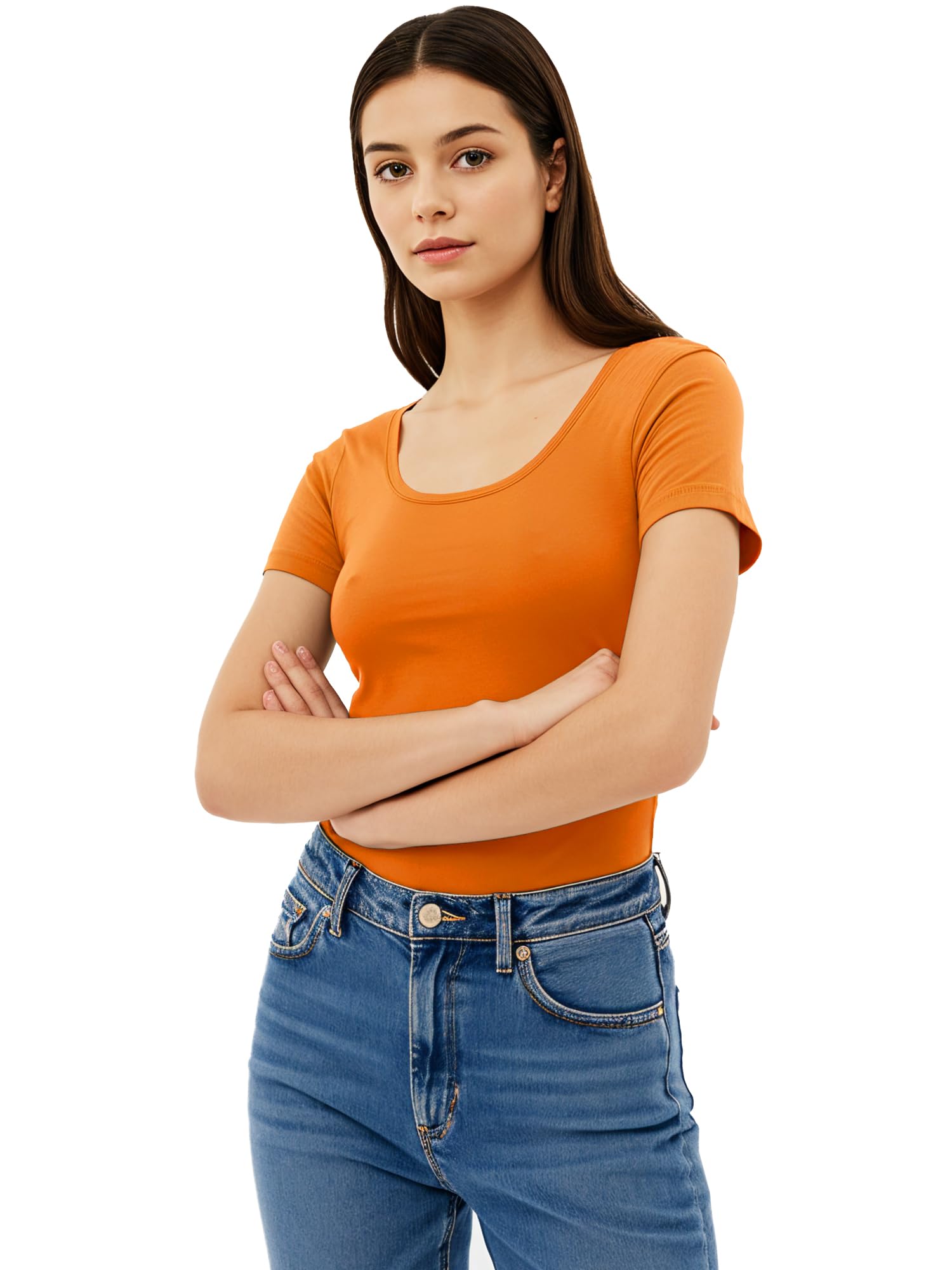 Emmalise Scoop Neck Short Sleeve Tee for Women Basic Tshirt - Junior to Plus Sizes ... - Orange - Small