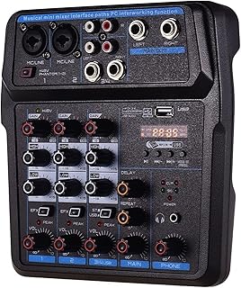 WanuigH Mikser audio 4-kanałowy audio BT USB Konsola mieszakowa z kartą dźwiękową wbudowana siła fantomowa 48 V Łatwe monitorowanie i obsługa (kolor : czarny, rozmiar: One Size)
