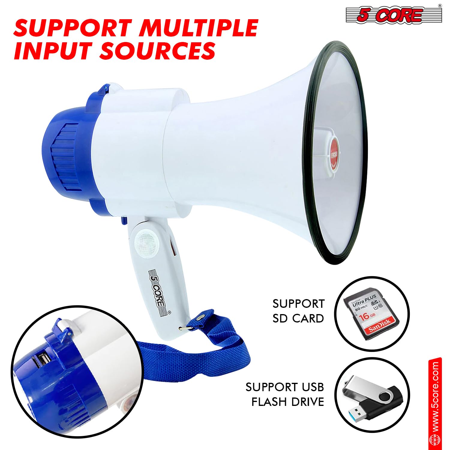 5 CORE Megaphone Bull Horn 30W Loud Speaker 800 Yards Range Portable USB Bullhorn w Recording Volume Control Siren Noise Maker for Kids and Adults for Cheerleading Football Safety Drills