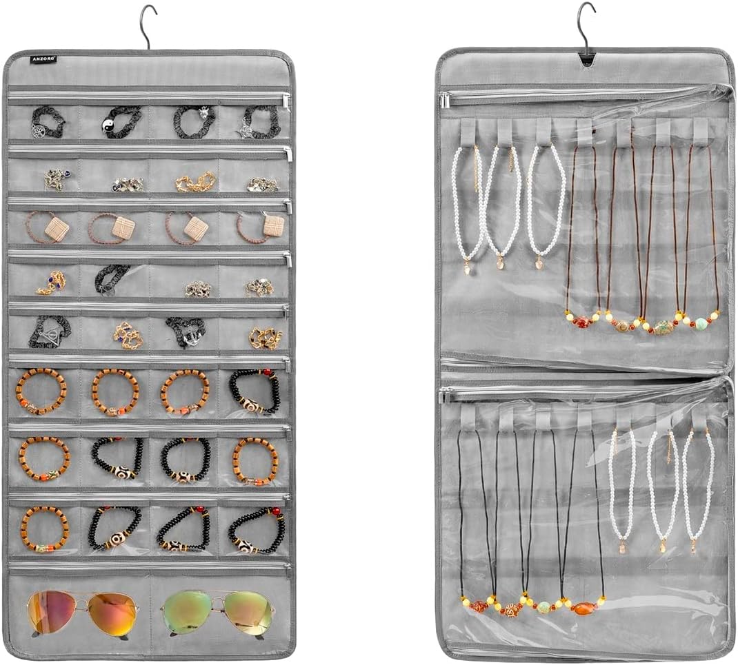 Dual-sided Hanging Jewelry Organizer Necklace Holder Jewelries Storage with 34 Zippered Pockets and 14 Dustproof Hook Loops (GREY)