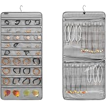 Dual-sided Hanging Jewelry Organizer Necklace Holder Jewelries Storage with 34 Zippered Pockets and 14 Dustproof Hook Loops GREY