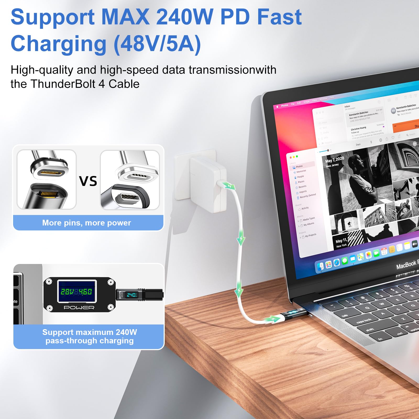 Adaptateur Magnétique USB-C 240W – 2 Embouts, Transfert 40 Gbps, Vidéo 8K@60Hz, Charge Rapide PD