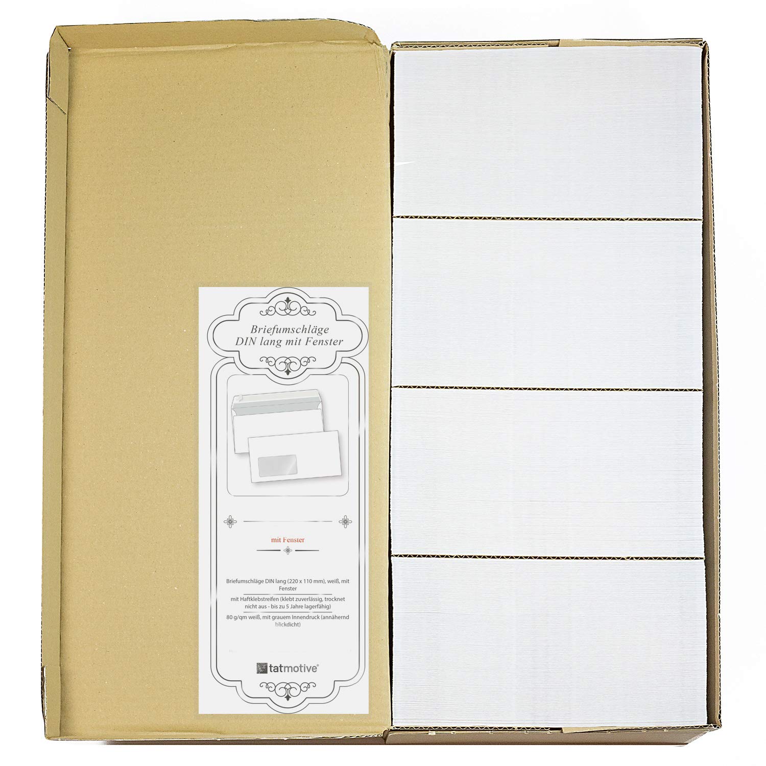 PREMIUM 1.000 Briefumschläge DIN lang mit Fenster, kein Austrocknen durch Abziehstreifen 220 x 110 mm, 80 g/qm