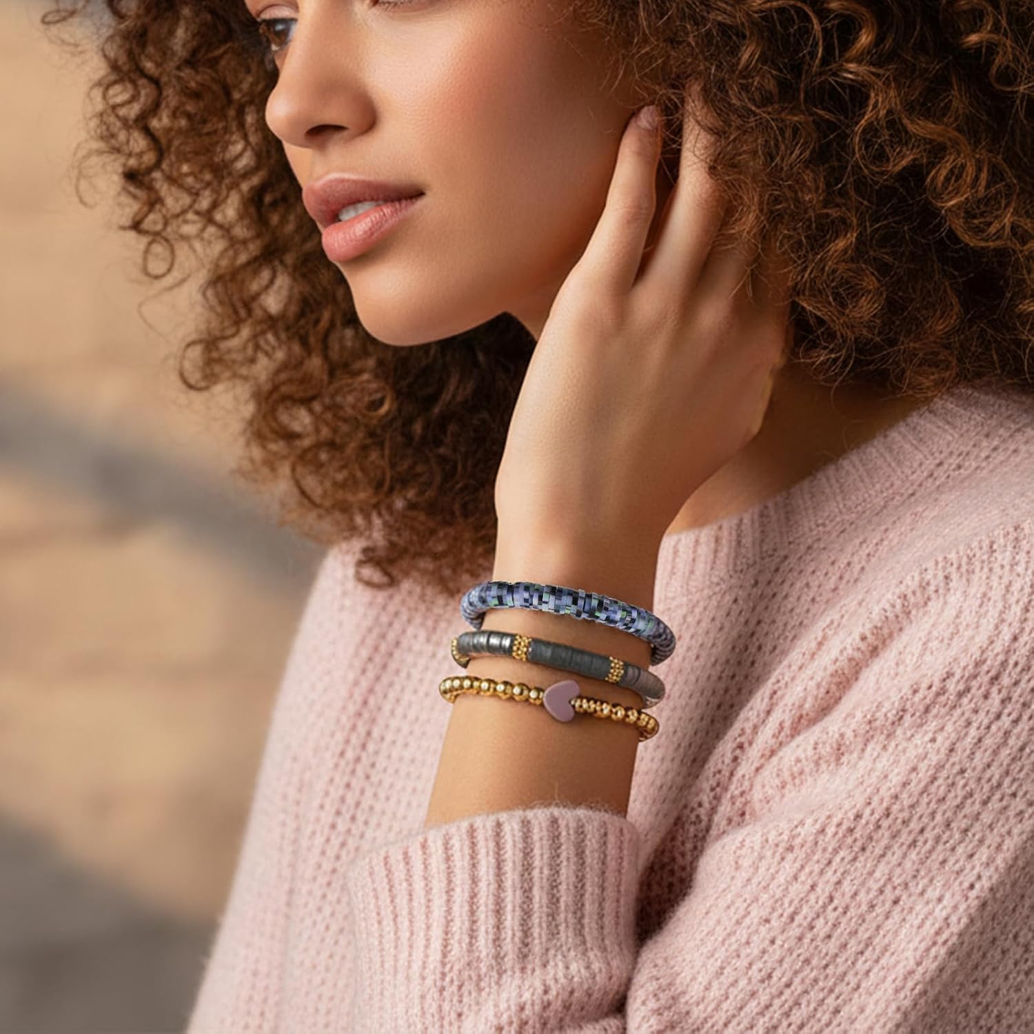 Sibba Beaded Stretch Bracelets for Women Stackable Polymer Clay Beads Bracelet Set Elastic Bohemian Friendship Bracelets with Gray Beads for Layered Stacking Christmas Jewelry Gifts (5-Piece Set) - Image 4