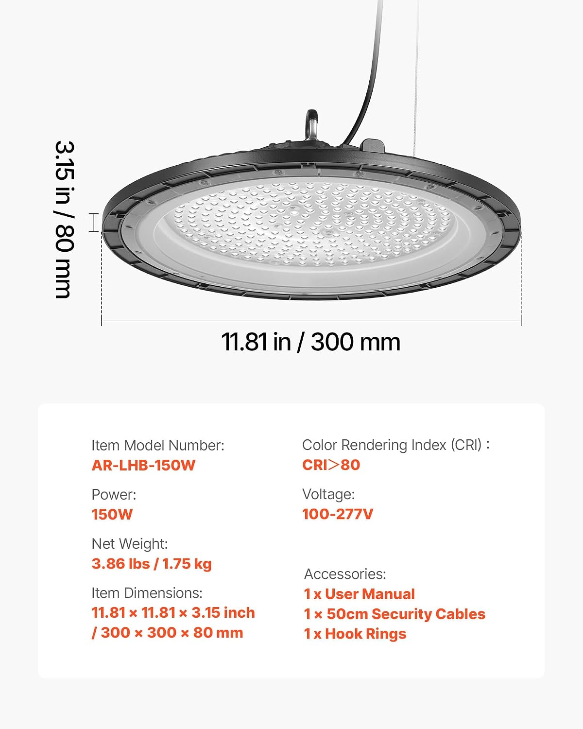 VEVOR 10 Pack LED High Bay Lights, 6000K 150W 21000LM Super Bright UFO LED Warehouse Shop Lights, IP65 Waterproof, 100-277V Wide Voltage for Warehouse Workshop Factory Gym Garage Barn, Black