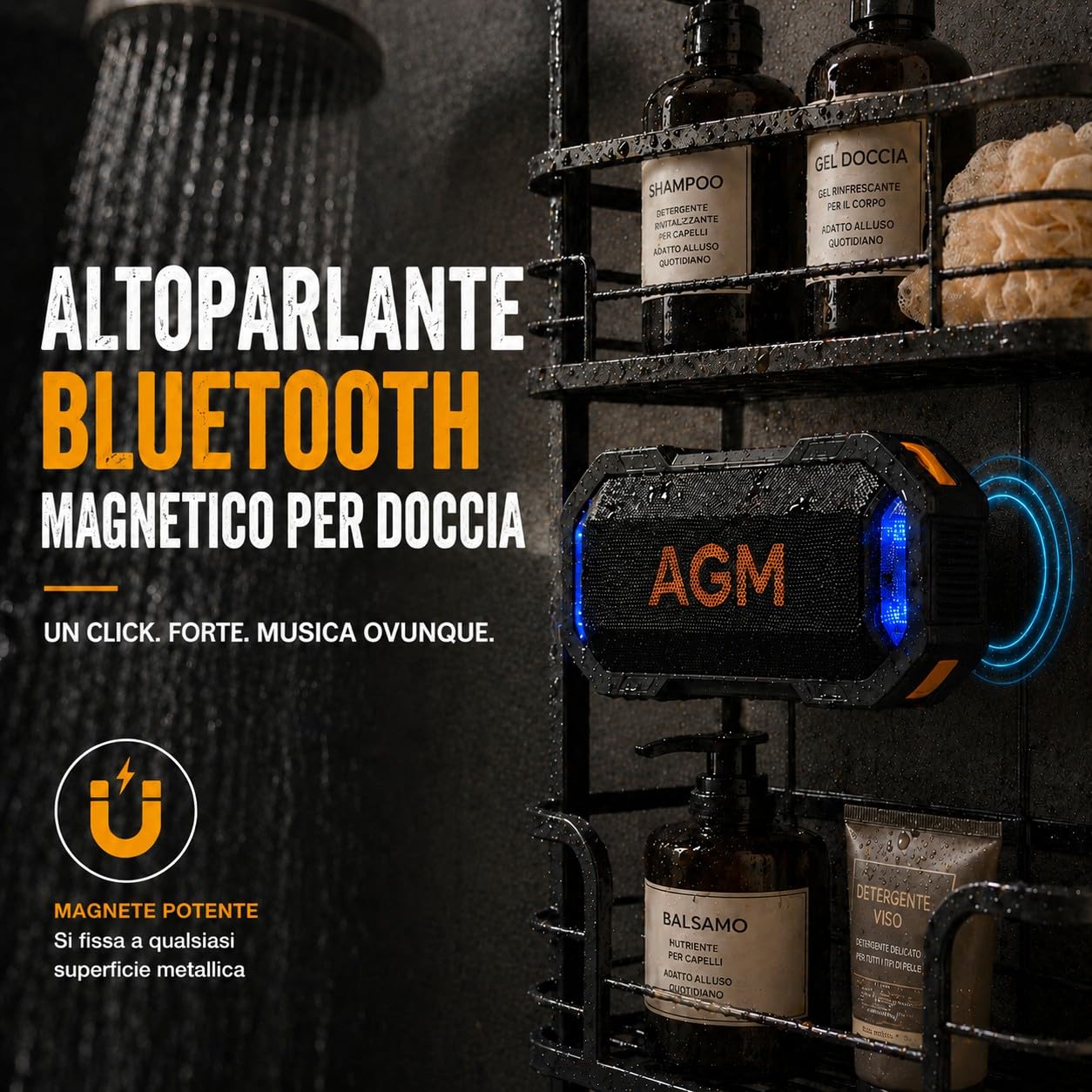 AGM Magrock Cassa Bluetooth Portatile Con Magnetico,IP67 Impermeabile | Potente Altoparlante Doppio Basso Driver,8.5 Ore di Autonomia,TWS Accoppiamento,RGB,Ideale Attività All'aperto/Feste/Viaggi