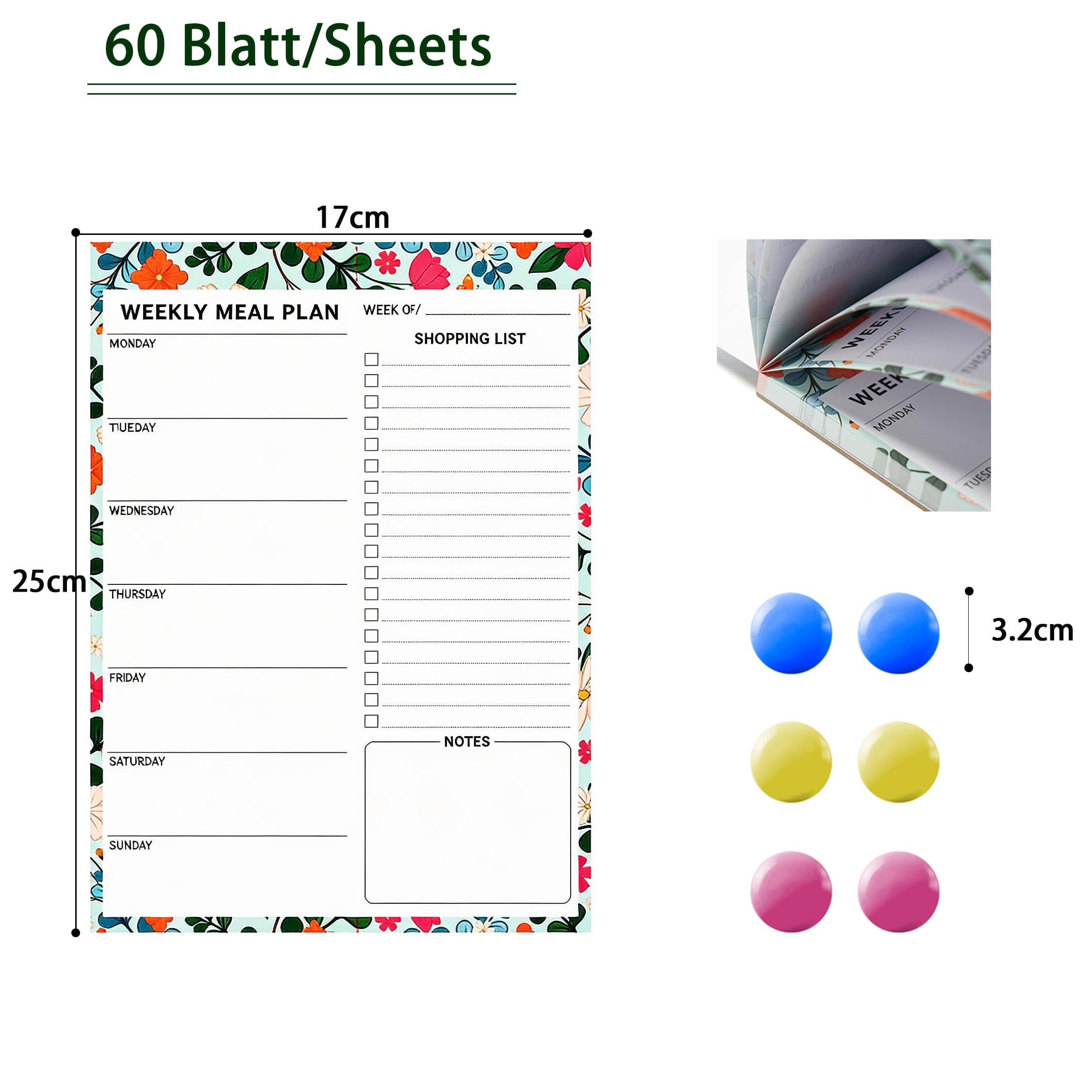 60 planner magnetici per alimenti con 6 magneti: lista della spesa separabile, magnetica, frigorifero e piano dei pasti, agenda settimanale – agenda menu per famiglia amici WG dieta, blocco