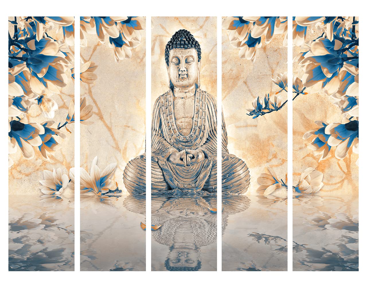 murando - Paravent intérieur à Deux côtés 225x172 cm - Séparateur de pièce en Bois Naturel avec Toile imprimée Pliable - Asie Bouddha Bouddhisme Feng Shui Magnolias Orient Zen p-C-0018-z-c