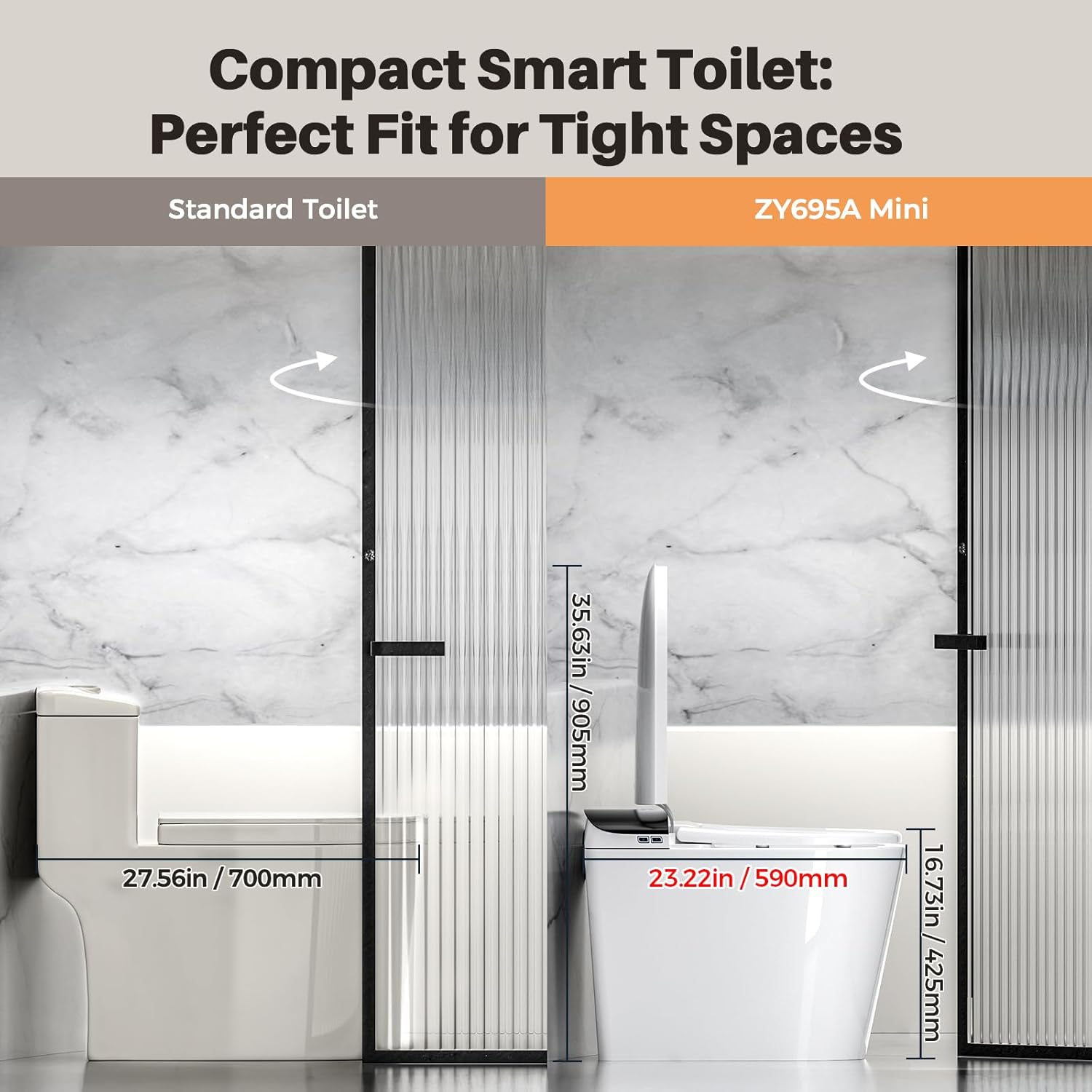 Comparison of standard toilet vs ZY695A Mini compact toilet dimensions