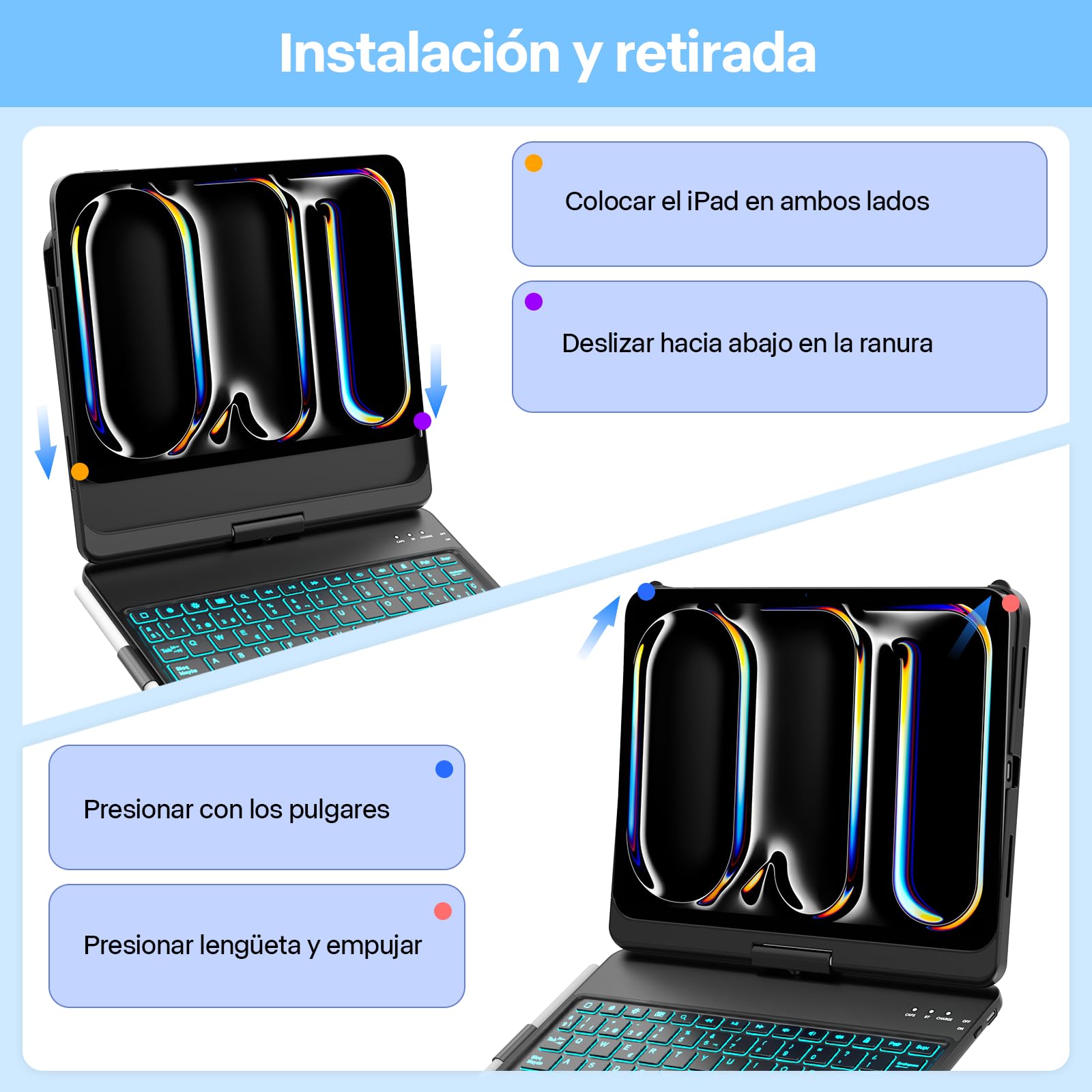 KBCASE Funda con Teclado para iPad Pro 11" (M5/M4, 2025/2024), Teclado Giratorio 360° con Panel Táctil, Iluminación Trasera de 7 Colores (Negro)