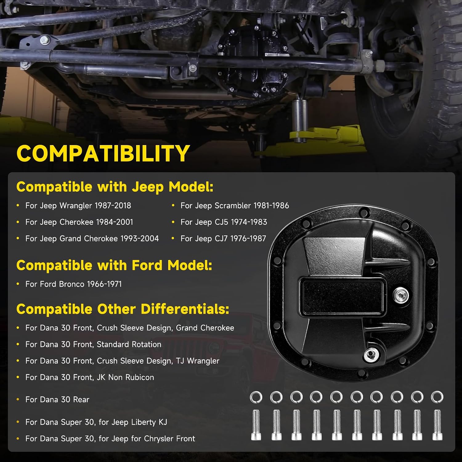 Bruce & Shark Front Differential Cover for Dana 30, Fit for Jeep Wrangler 1987-2018, Grand Cherokee 1993-2004, Cherokee 1984-2001, CJ5 1974-1983, CJ7 1976-1987, Fit Scrambler Bronco