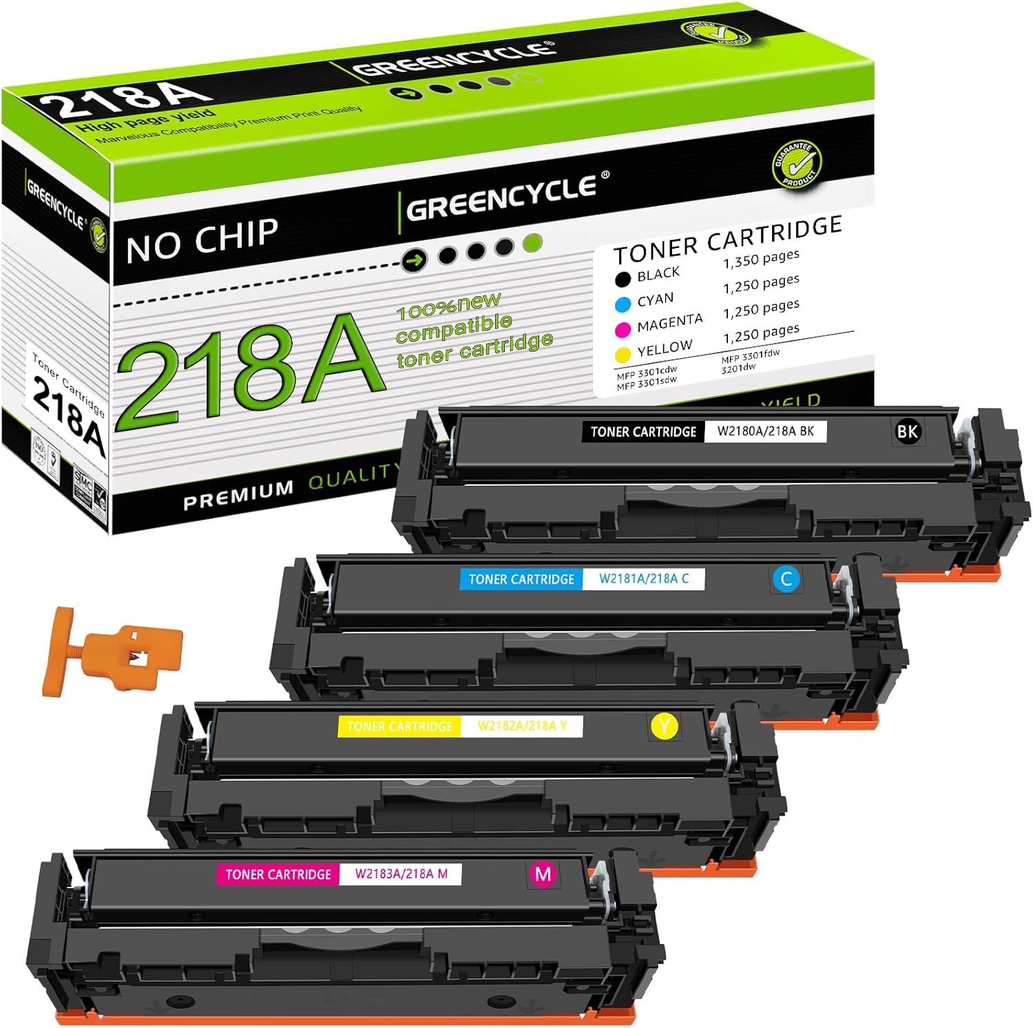 greencycle 218A Toner Cartridge 4 Pack [NO CHIP] Compatible Replacement for HP 218A W2180A W2181A W2182A W2183A Toner to use in Color MFP 3301fdw 3301cdw 3301sdw Pro 3201dw Printers (BK/C/Y/M)