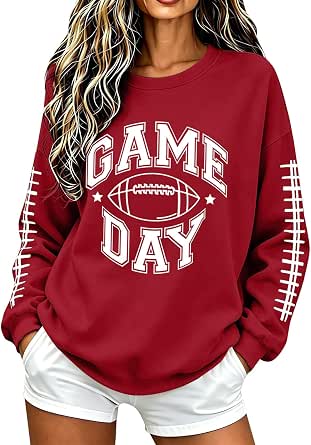 Football Sweatshirts for Women Casual Crewneck Long Sleeve Funny Graphic Print Soccer Tops
