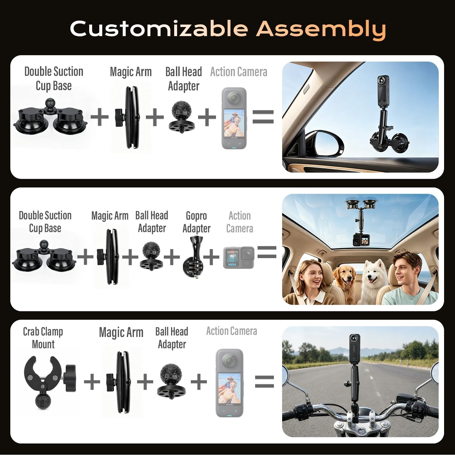 BMZX Dual & Quad Suction Cup Car Mount Kit for Insta360 X5 X4 X3, 360 Camera Car Mount for GoPro & DJI Action Cameras, Heavy Duty Windshield Mount with Magic Arm & Extension Pole