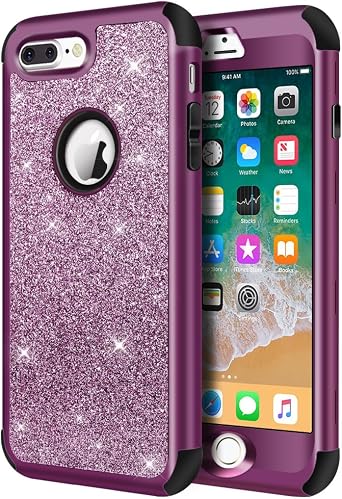 Hython Defender Protective Bling Glitter Sparkle Hard Shell Hybrid Shockproof Rubber Bumper Cover for iPhone 7 Plus and 8 Plus, Purple