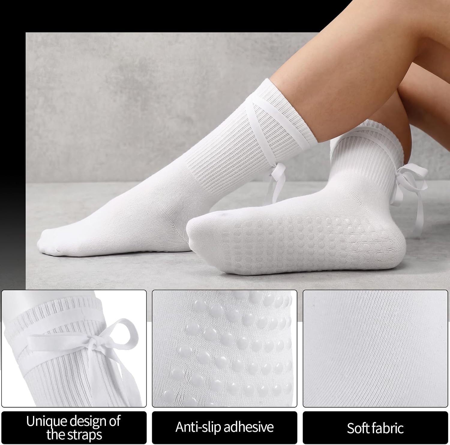 4 Pairs Ballet Tie Non-slip Socks for Women | Grippy Yoga Crew Sock Tie-up Yoga Pilates Socks for Barre Dance Workout House