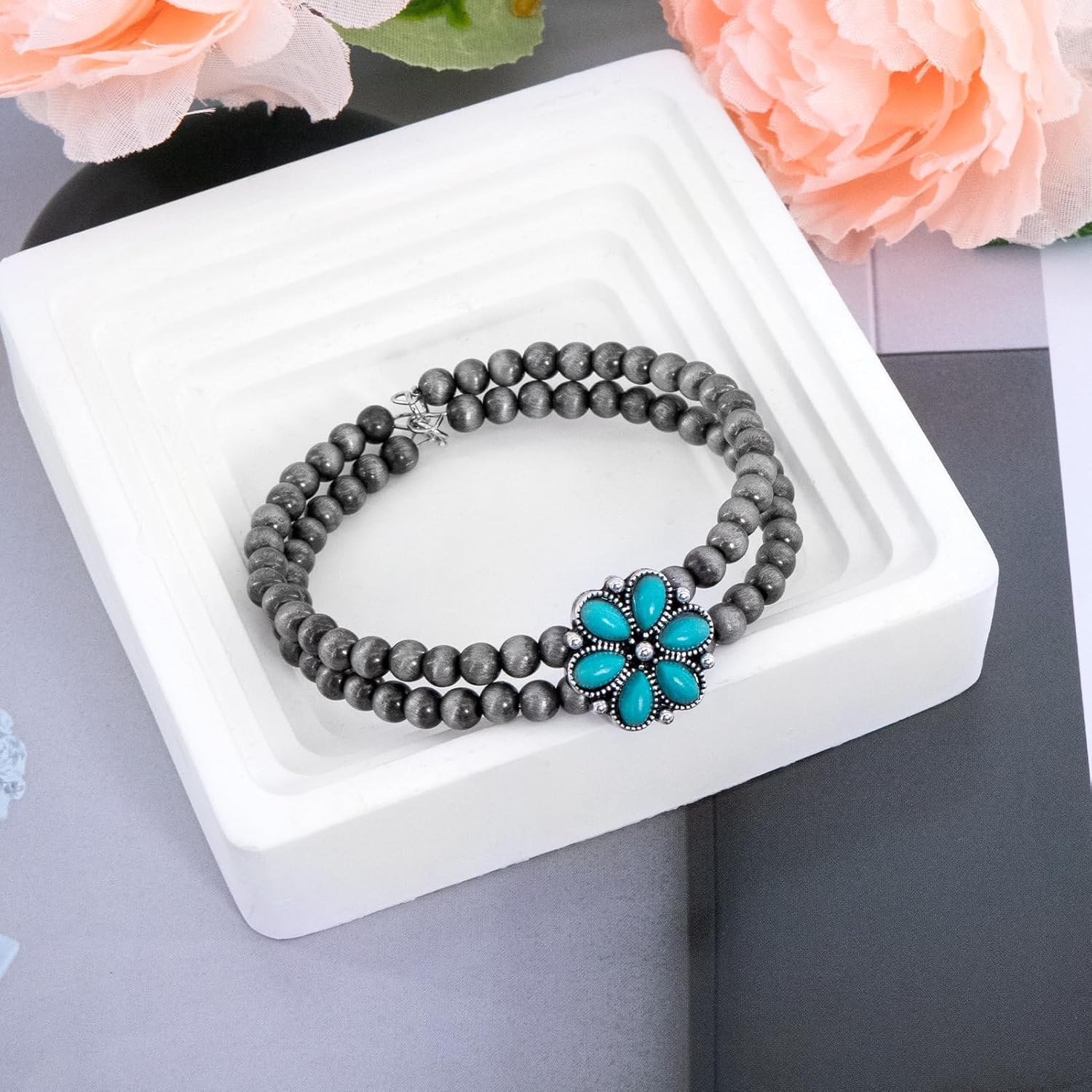Navajo Pearl Bracelet for Women - Double Layer Turquoise Bracelet with Faux Pearls Beads & Stone, Adjustable Western Boho Bracelet, Handmade Look Vintage Jewelry for Cowgirl Gift & Layering - Image 4