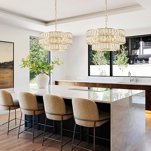 Miniatura 2 de Candelabro moderno de cristal dorado de 20 pulgadas, lámpara de techo semiempotrada de lujo, 6 luces, lámpara colgante de cristal redondo para