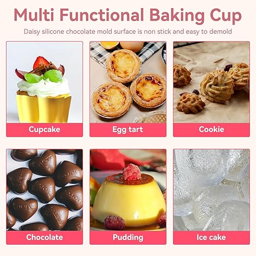 Miniatura 5 de Cyrank Moldes de silicona para magdalenas, 24 moldes para magdalenas, mini forma de flor, tazas de silicona para hornear, forros reutilizables para