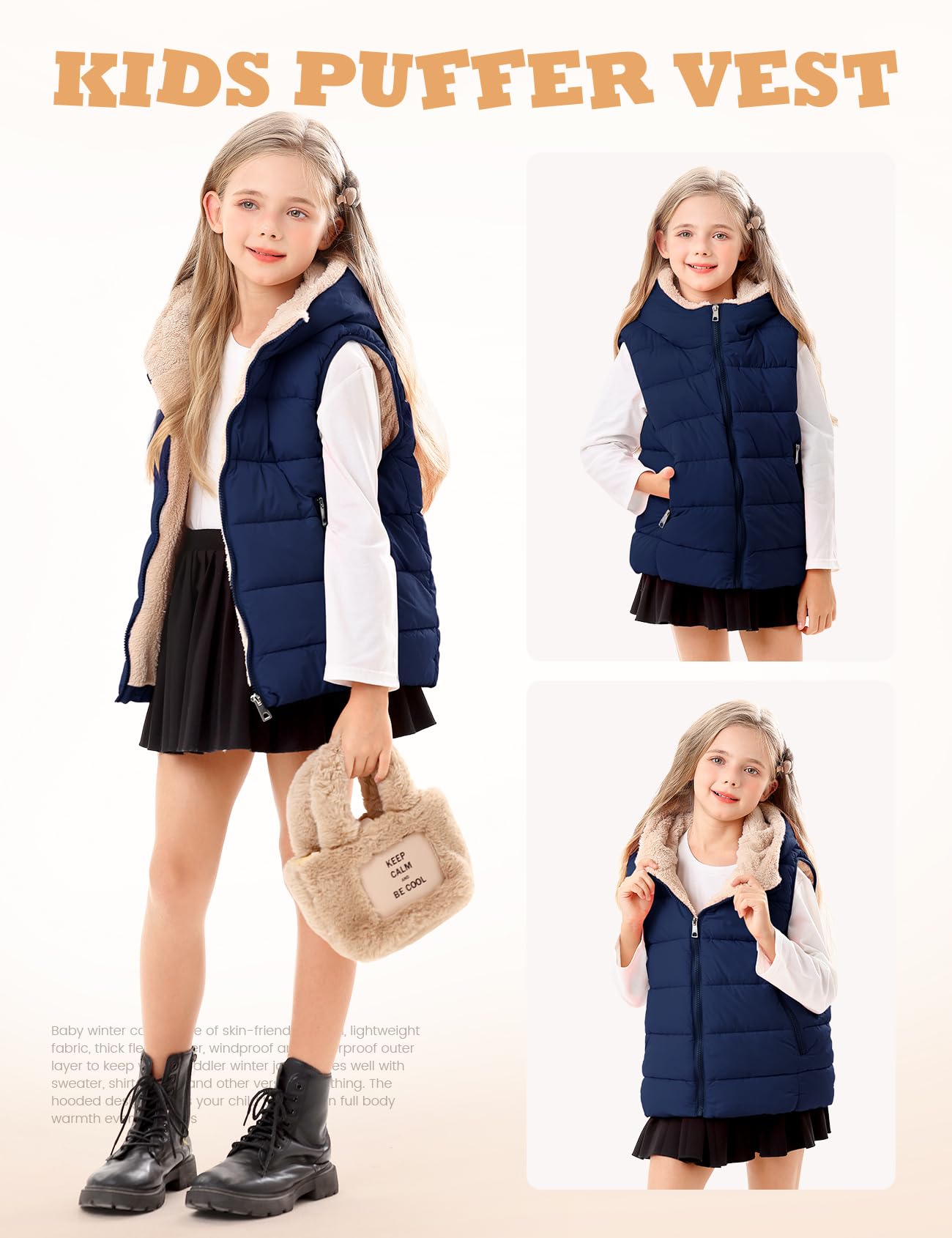 Yimoon Warme Pufferweste für Mädchen und Jungen, Kinder, mit Kapuze, Steppweste, Flanell, gefütterte Weste, Oberbekleidung