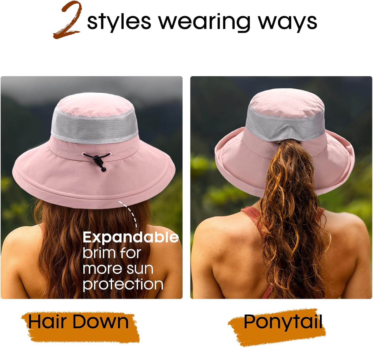FURTALK Wide Brim Sun Hat with Ponytail Hole for Women UPF 80+ UV Protection Packable Bucket Hiking Travel Outdoor Hat - Image 3