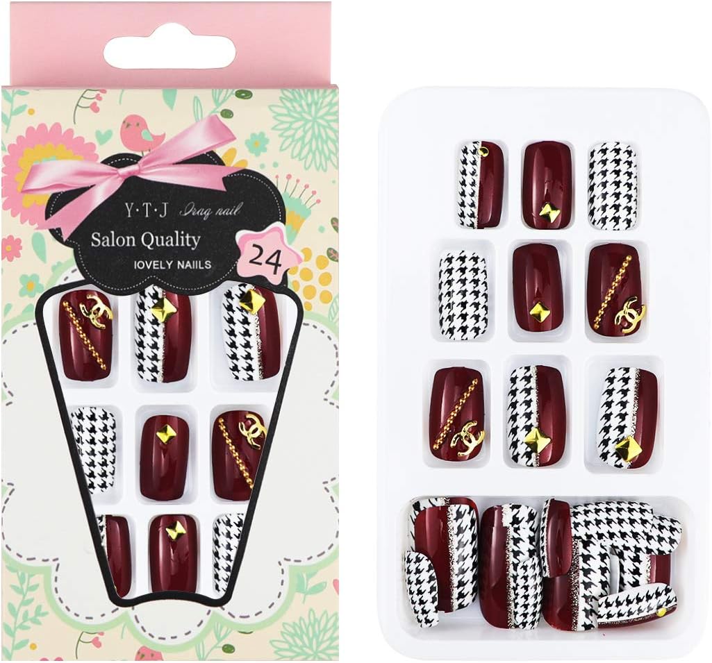 Fercaish 24Pcs Fashion False Nails, 12 Different Sizes Solid Color Fake Nails Acrylic Nail Art Accessories Long Full Cover Nails Artificial Nail Decoration for Women and Girls (False nails-C7)