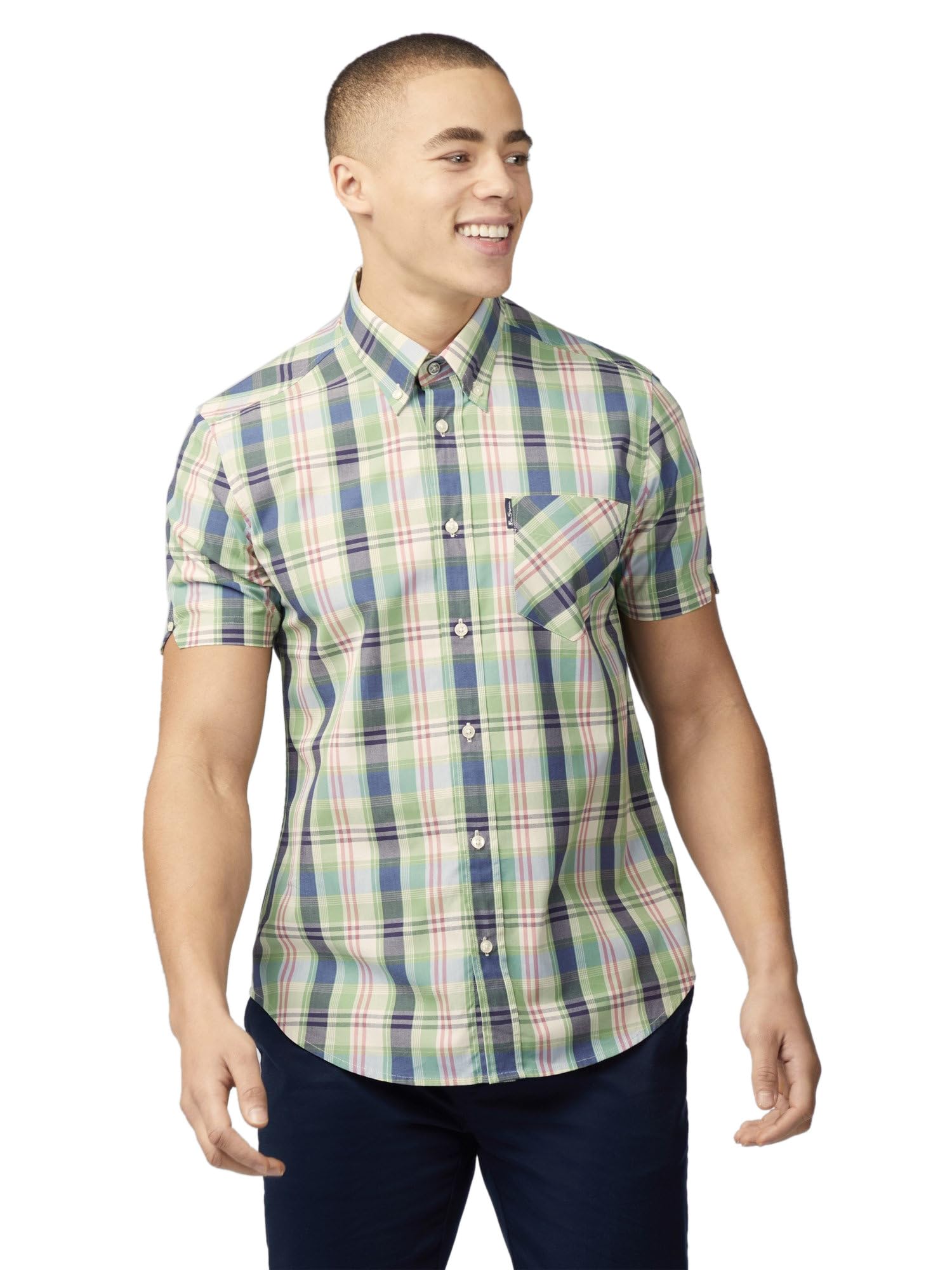 Ben Sherman Men's Grass Green Gingham Overcheck Shirt Short Sleeved (Grass Green) Xxxl