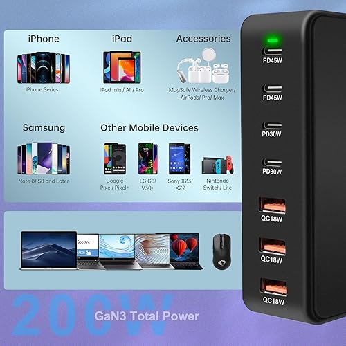 Miniatura 3 de Bloque de carga USB C de 200 W, estación de carga rápida de 7 puertos, PD de 45 W, adaptador de ladrillo para laptop compatible con MacBook ProAir,