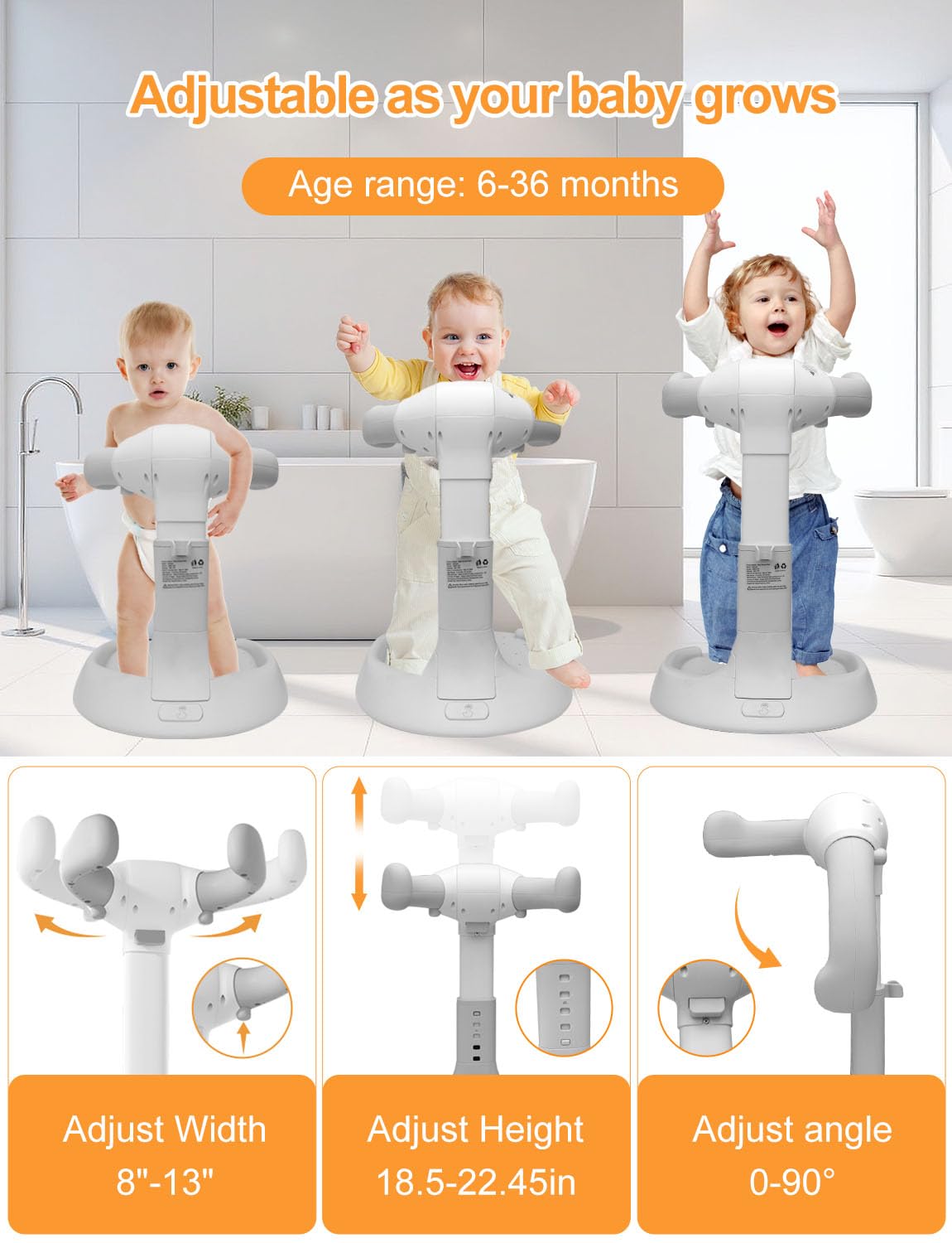 (3 in 1) Baby Shower Stand, Adjustable Baby Bath Stand with Safety Handle,Shower Head Holder for Babies 6-36 Months Baby & Toddlers,Bath Essentials for Infants（Gray White）
