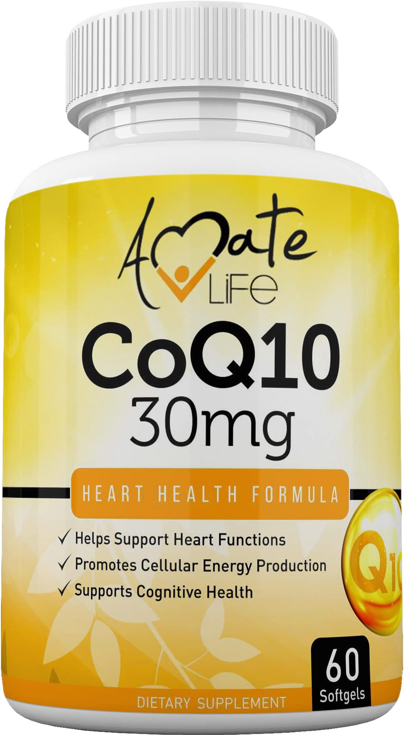 Coq10 Ubiquinone Coenzyme Q10 Supplement 30mg for Heart Health, Cellular Energy, Blood Pressure, Cholesterol Level & Cognitive Health for Men & Women - Heart Health Formula 60 Softgels by Amate Life