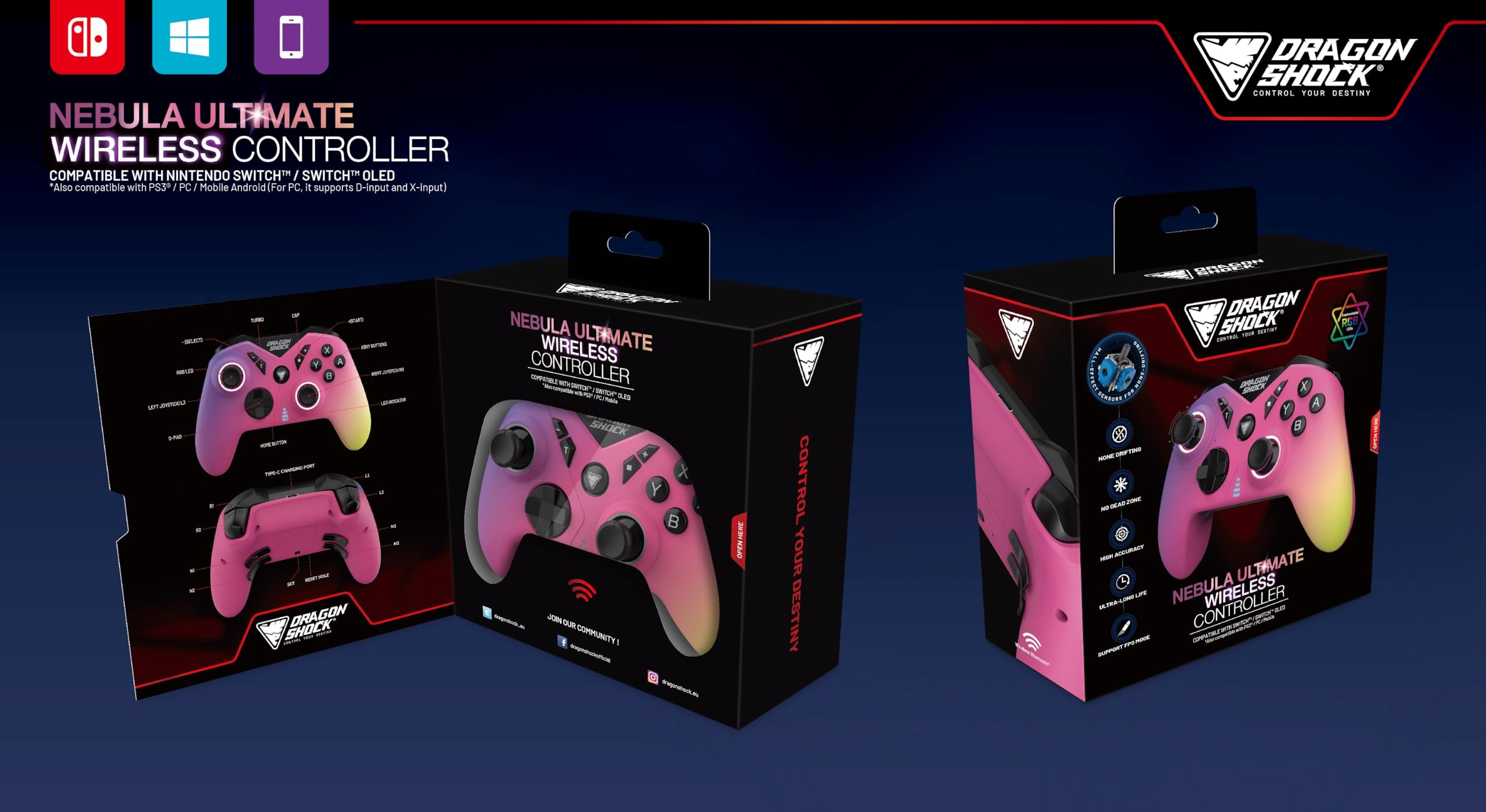 DragonShock NEBULA PRO - Manette sans Fil Pro Candy pour Nintendo Switch, Switch Lite, Switch OLED, PS3, PC et Android