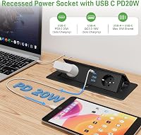 HANNELORE Behúzható Asztali Elosztó USB-C PD20W Gyorstöltéssel - Alumínium Bútorlap Konnektor 2 Aljzattal, 2 USB-A Porttal, Kapcsolóval, 1,8 3