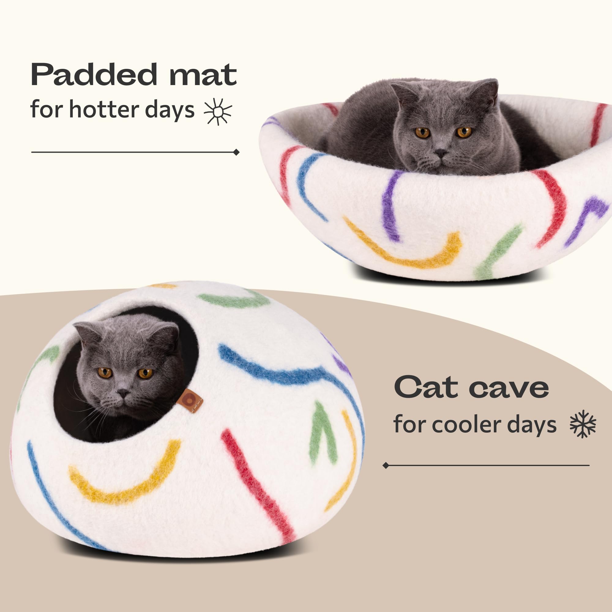 MEOWFIA Cat Cave - Premium Felt Cat Bed for Indoor Cats Handmade Merino Wool (Ivory Rainbow, Medium) - Image 4