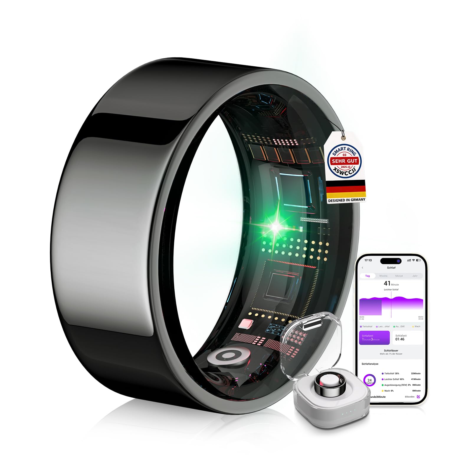 Anillo inteligente 6.0 y compartimento de carga. 【Industrias nº 1 – 0 errores de medición】2025 Fitness Tracker para seguimiento del sueño Wearable, SpO2, Smartring para Android e iOS, negro 8#