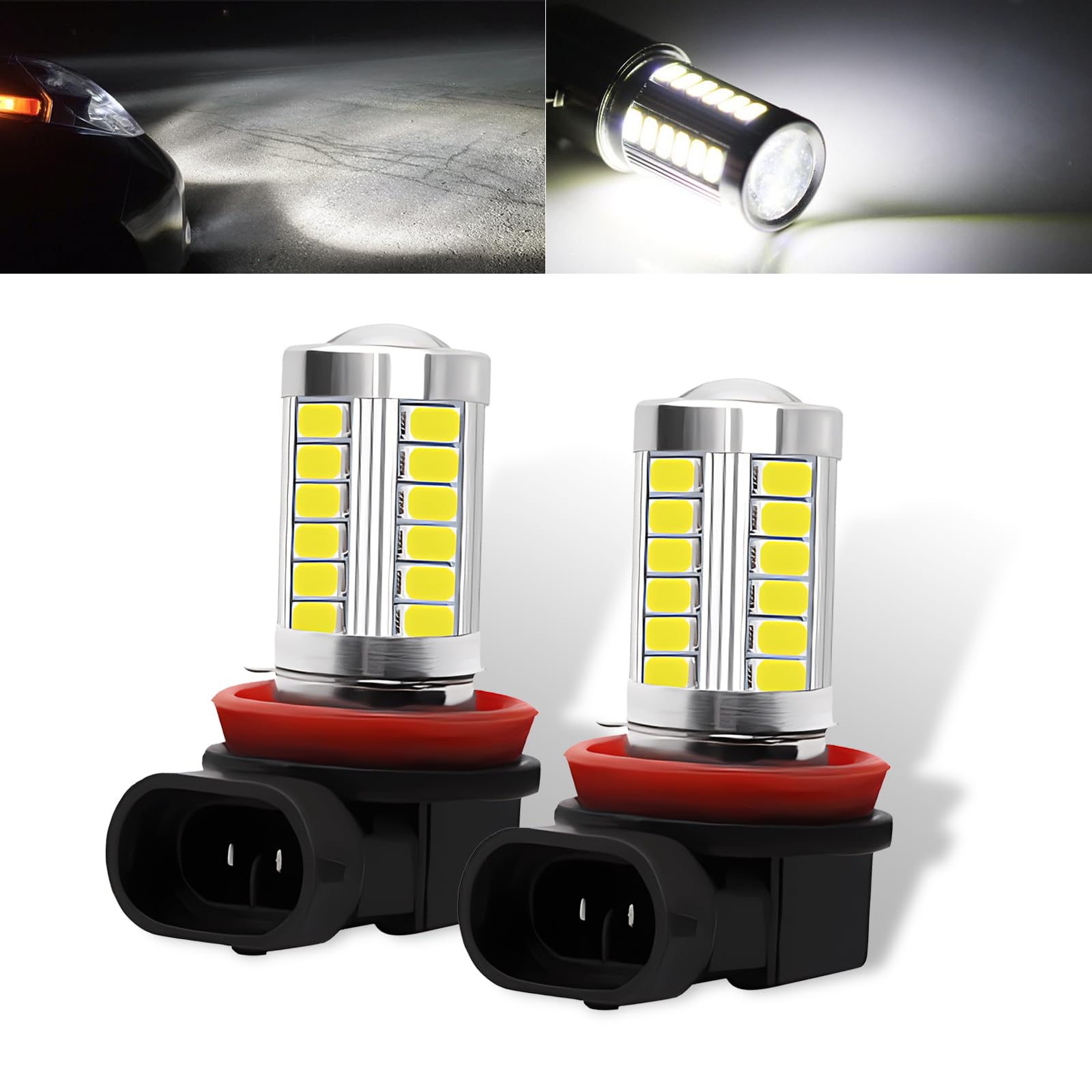2 PCS Car H11/H8 LED Fog Lamp, 5630-33SMD High-brightness Chip Forward Light with Condenser Lens, 12V Plug-and-play Original Bulb Replacement, Universal for Automotive Lighting Bulb (White)