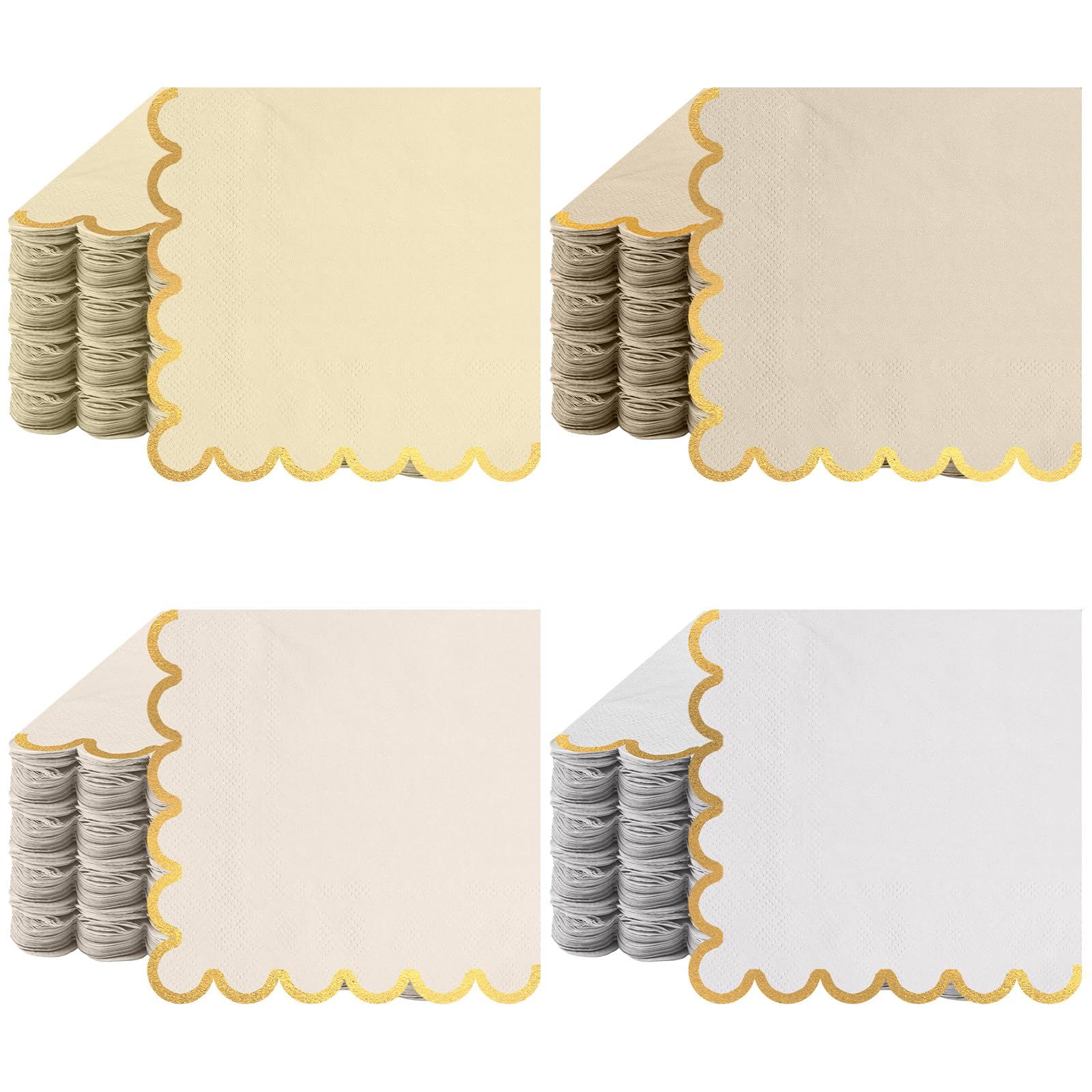 Saypacck 100 Pack Scalloped Cocktail Napkins with Gold Foil Accents Beverage Napkins Scalloped Disposable Paper for Wedding Shower Baby Dinner