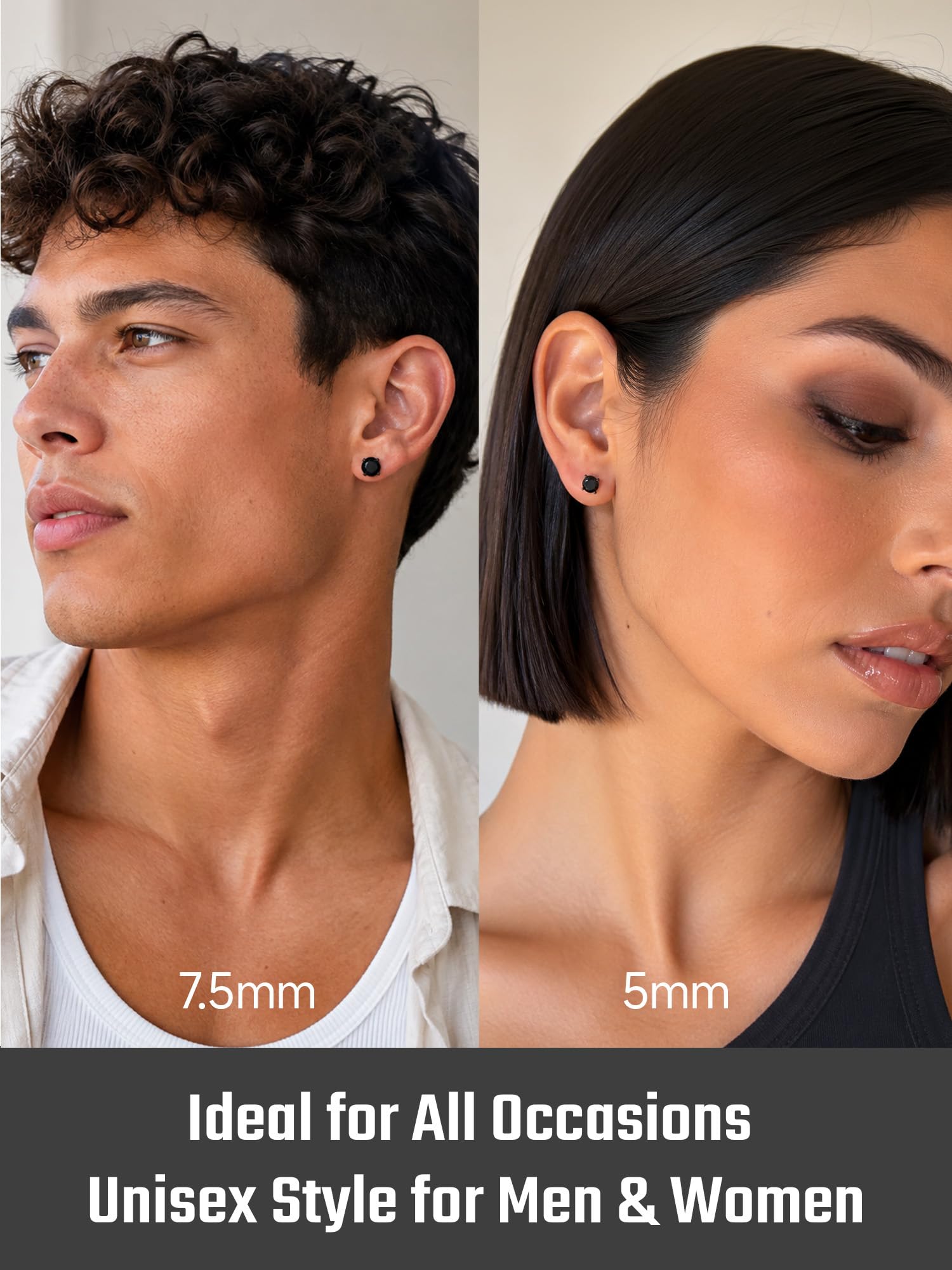 JustBeingCute - Pendientes de tuerca de plata de ley 925 con circonita cúbica negra para hombres y mujeres, hipoalergénicos, joyería de diamantes de imitación para regalos, 5-8 mm