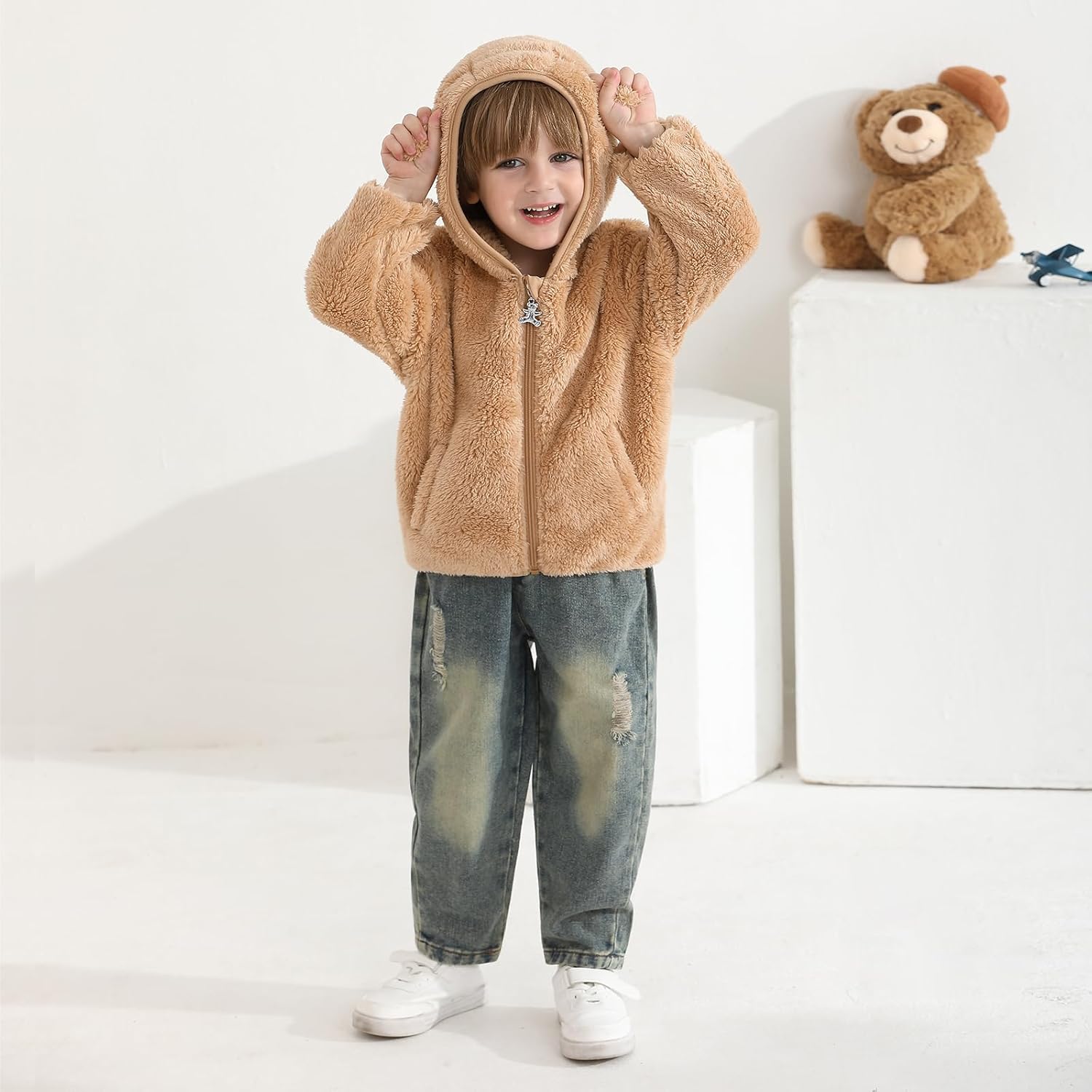 Baby Toddler Boys Girls Fleece Jacket with Hood Zip Up Cute Bear Coats for Infant Boys Girls Fuzzy Jacket with Ear 1-5T - Image 7