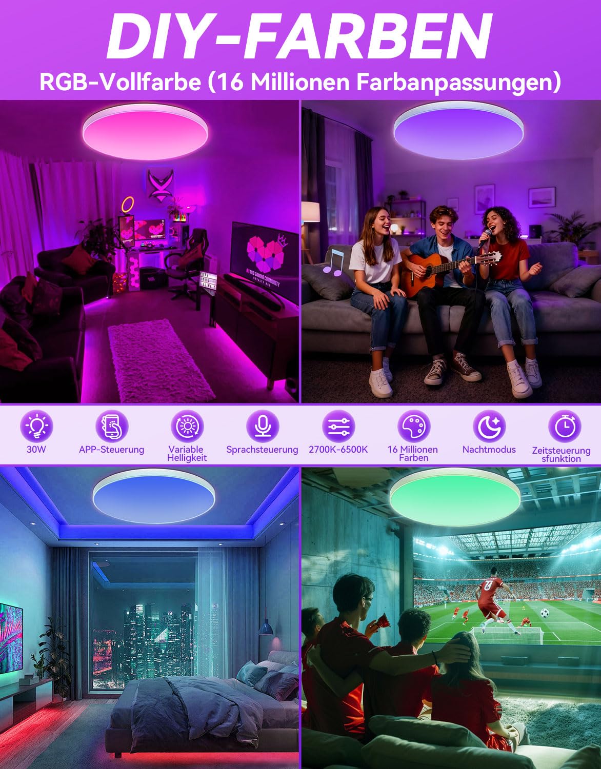deckenleuchte led wohnzimmer 30W rgb deckenleuchte led dimmbar & Google Home 16 Millionen Farben, smart led deckenleuchte alexa kompatibel, Schlafzimmer, Küche,badezimmer