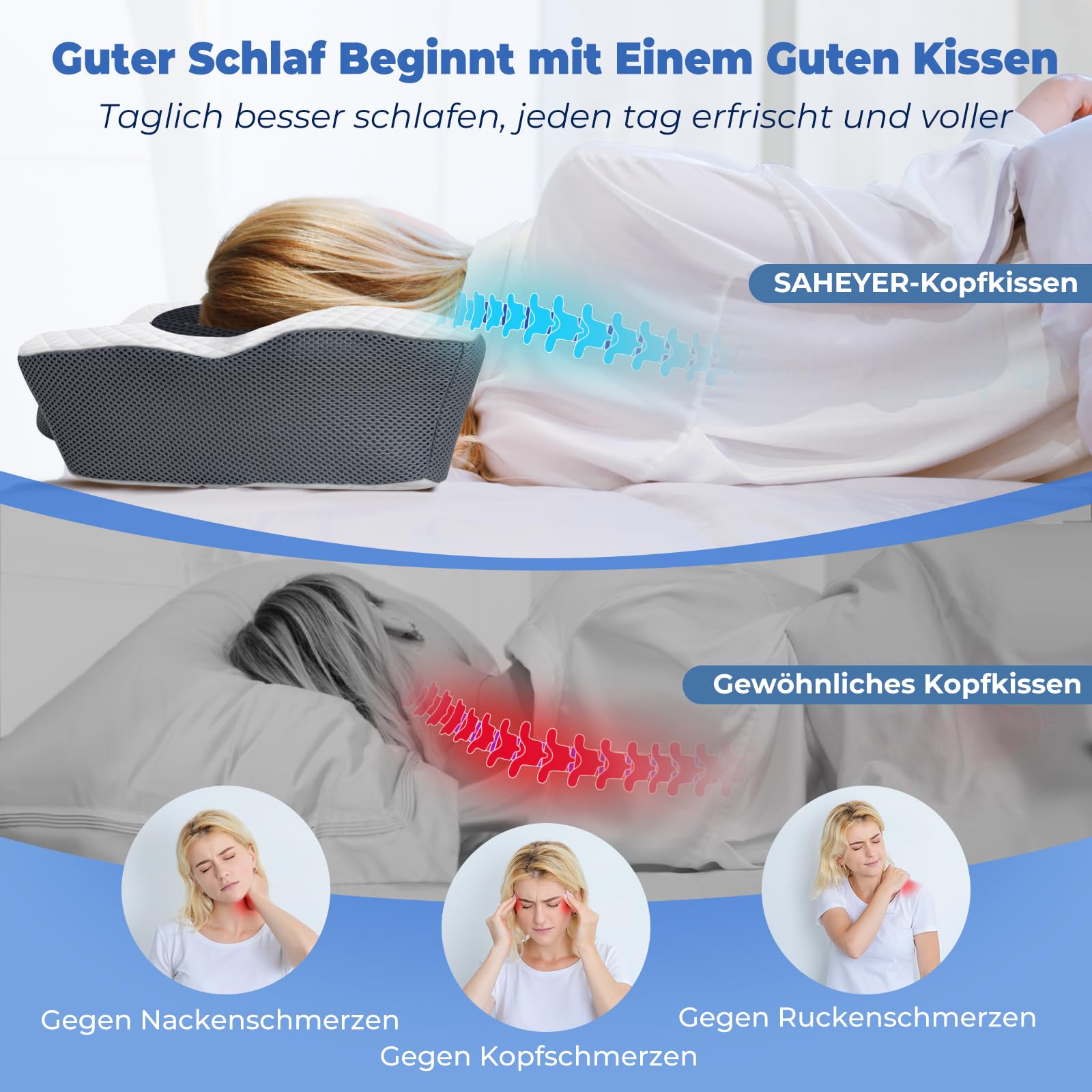 SAHEYER Ergonomisches Nackenkissen Kopfkissen,2 in 1 Orthopädisches Kissen Nackenstützkissen Memory Foam für Seiten,Rücken & Bauchschläfer,60 x 40 x 13/11 cm, Grau