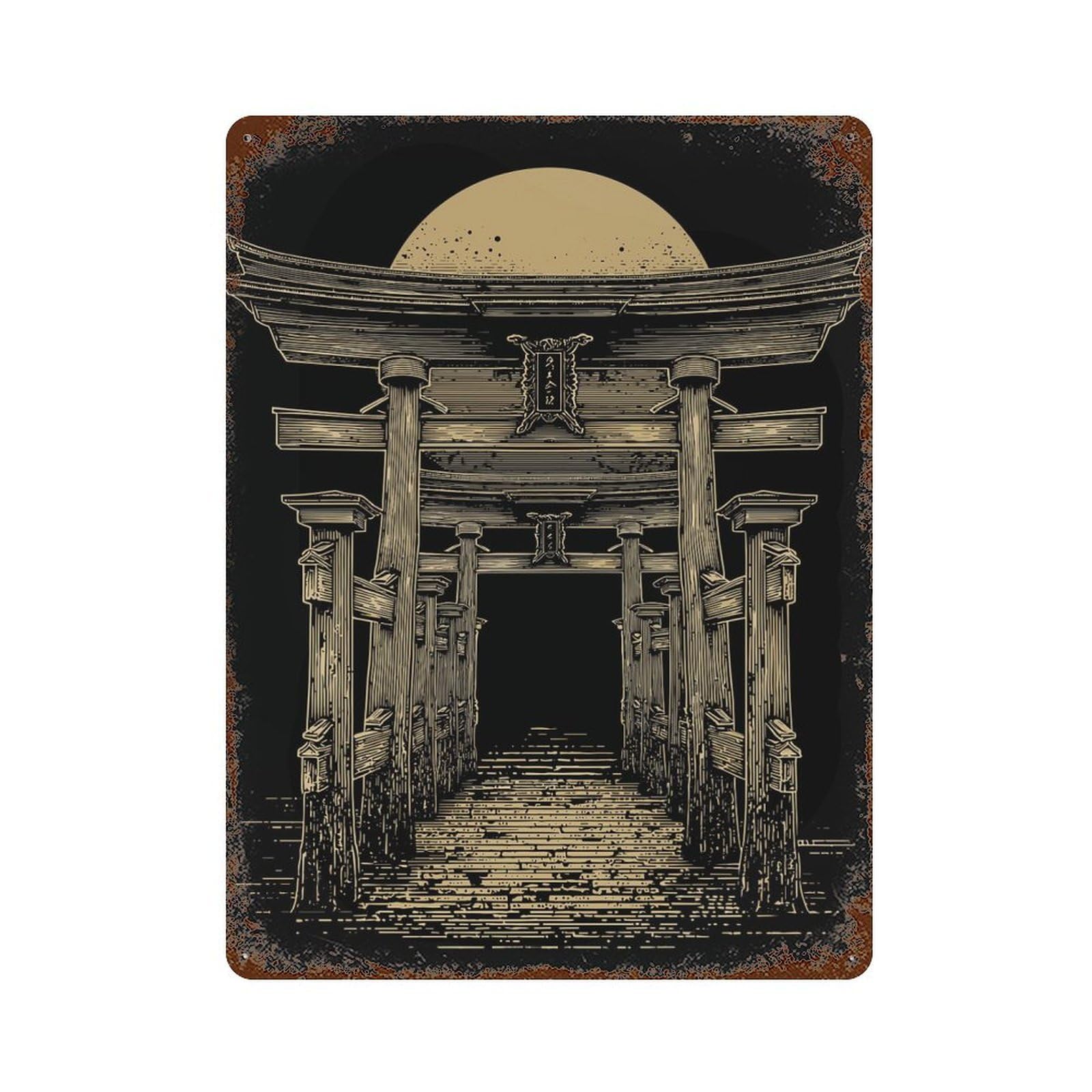 Japanese Torii Gate with Rising Sun Retro Metal Sign 15.7"x11.8", for Garage, Bar And Workshop Decor, Shabby Chic Decor