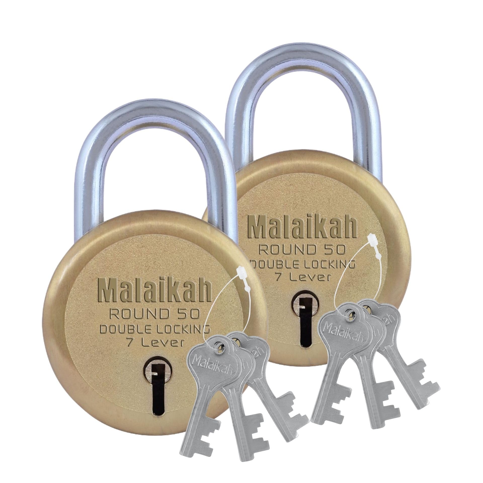 Malaikah Round 50mm Lock and Keys -Padlock for Home, Gate, and Shutter - Metal Body, Double Locking 7 Steel Lever with 3 Silver Keys - Gold Finish, Made in India, Pack of 2-image-16